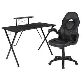 Emma + Oliver - Gaming Desk and Racing Chair Set with Headphone Hook, and Monitor Stand - Black