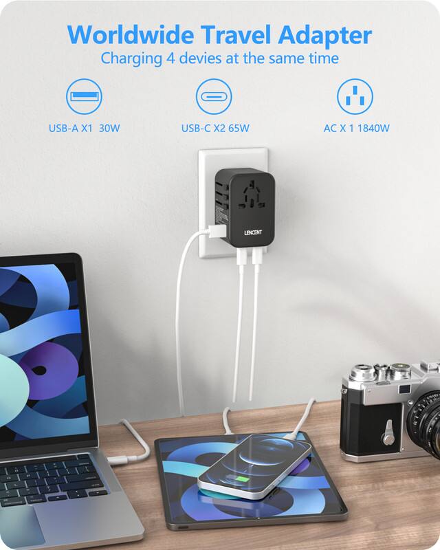 Worldwide Travel Adapter  
Charging 4 devices at the same time  

USB-A X1 30W  
USB-C X2 65W  
AC X1 1840W  

LENCENT