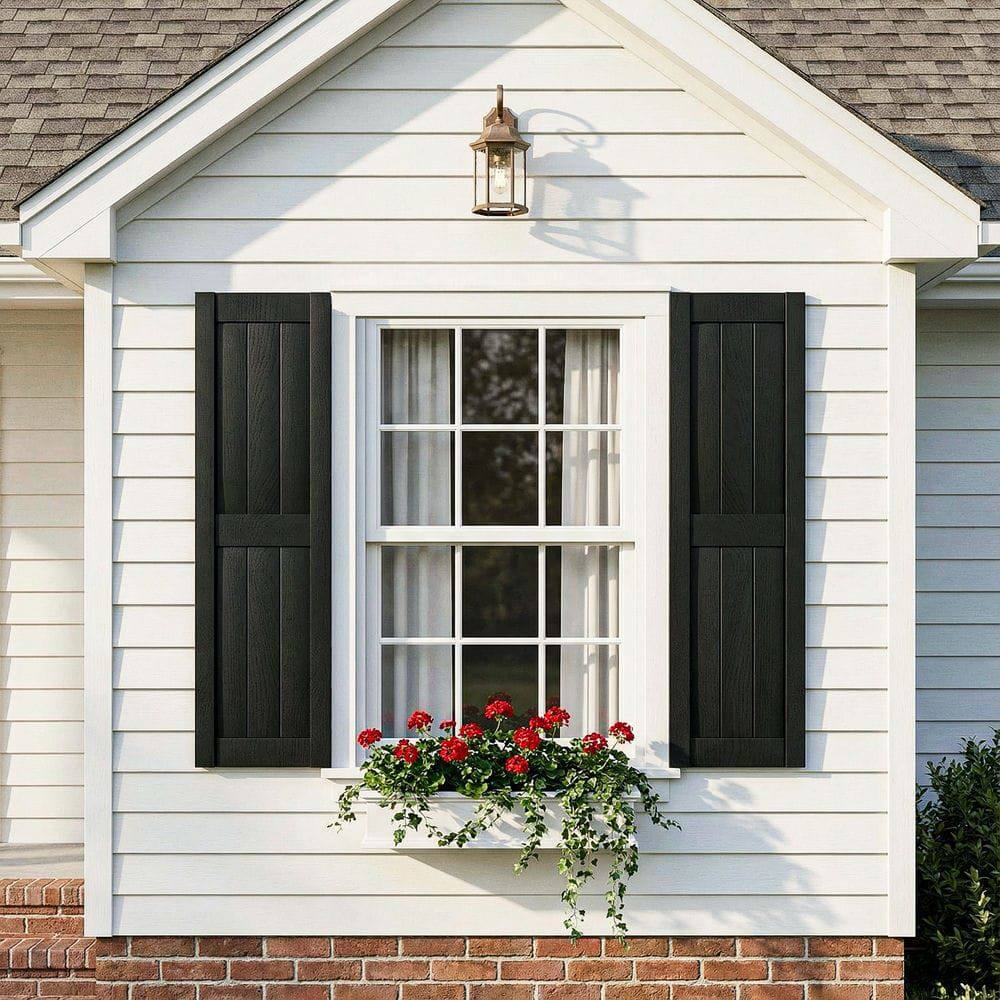 Alt View 1. Kadyn - Vertical Grain Faux Shutters, Weather-Resistant Elegance, for Enhanced Curb Appeal, 14"x31", Black - Black.