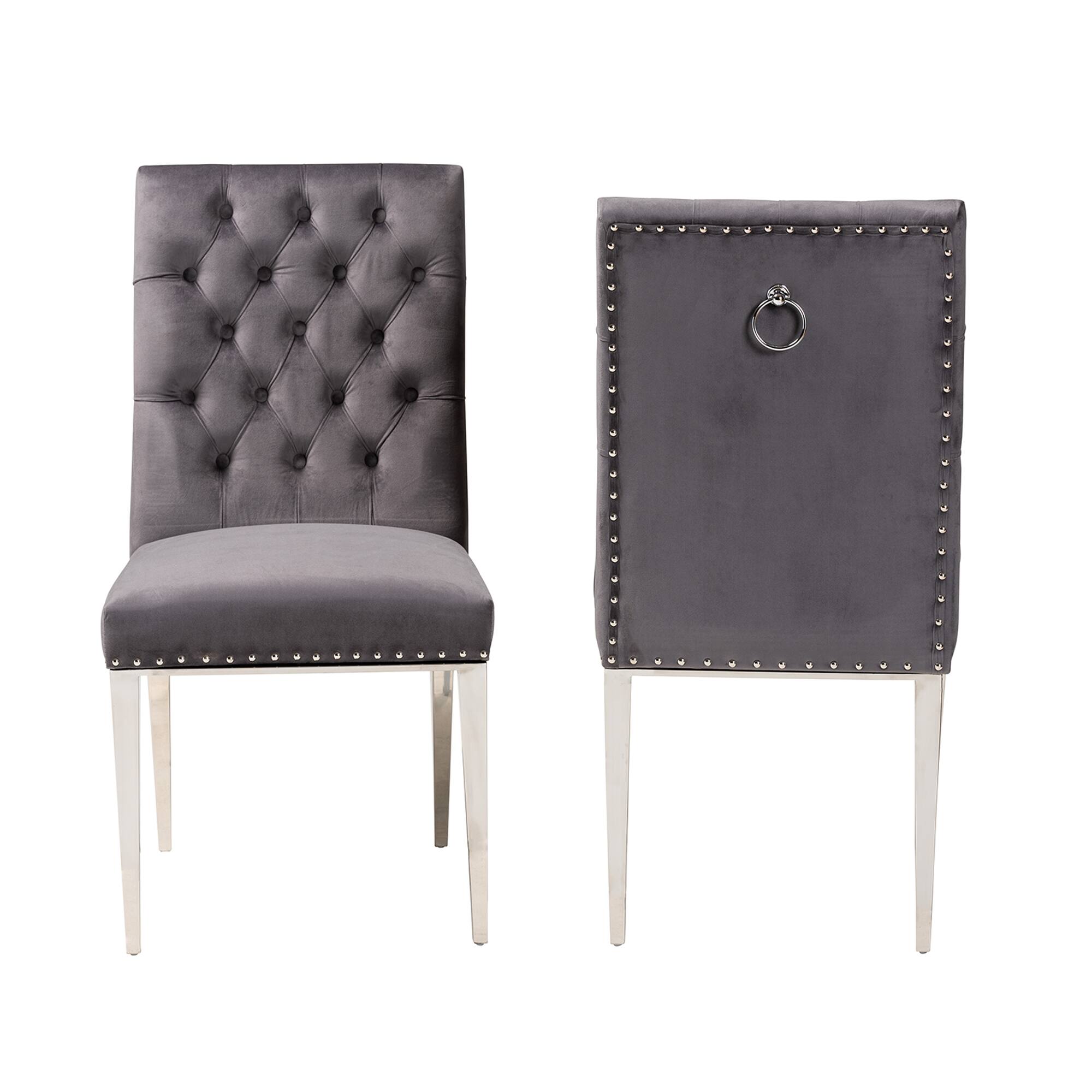 Angle. Baxton Studio - Caspera Contemporary Glam and Luxe Velvet Fabric and Silver Metal 2-Piece Dining Chair Set - Grey/Silver.
