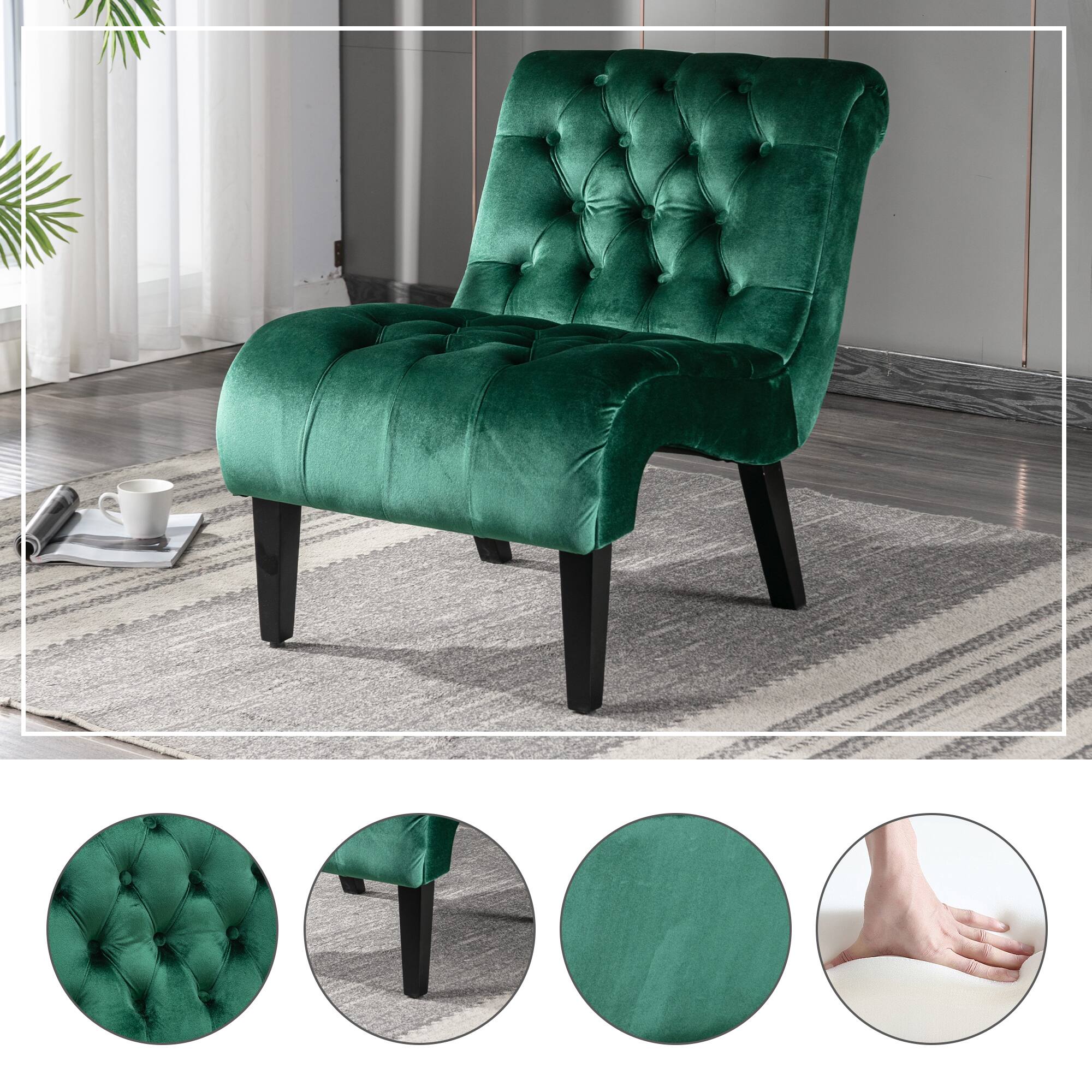 Alt View 1. Trinkets Crazed - Velvet Accent Lounge Chair for Living Room, Modern Leisure Chair with Tufted Backrest, Indoor Armless Side Chair - Green.