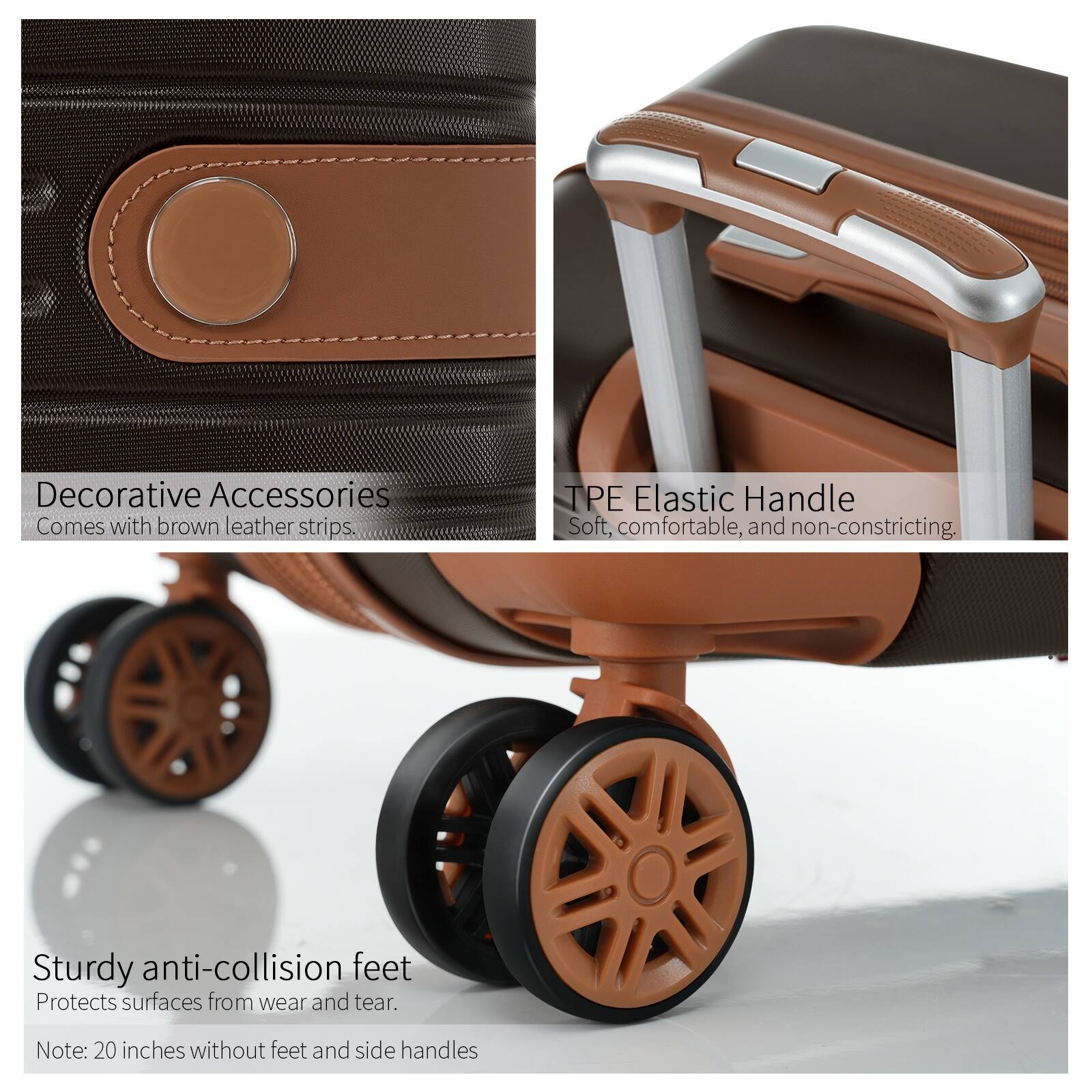 Decorative Accessories  
Comes with brown leather strips.

TPE Elastic Handle  
Soft, comfortable, and non-constricting.

Sturdy anti-collision feet  
Protects surfaces from wear and tear.

Note: 20 inches without feet and side handles