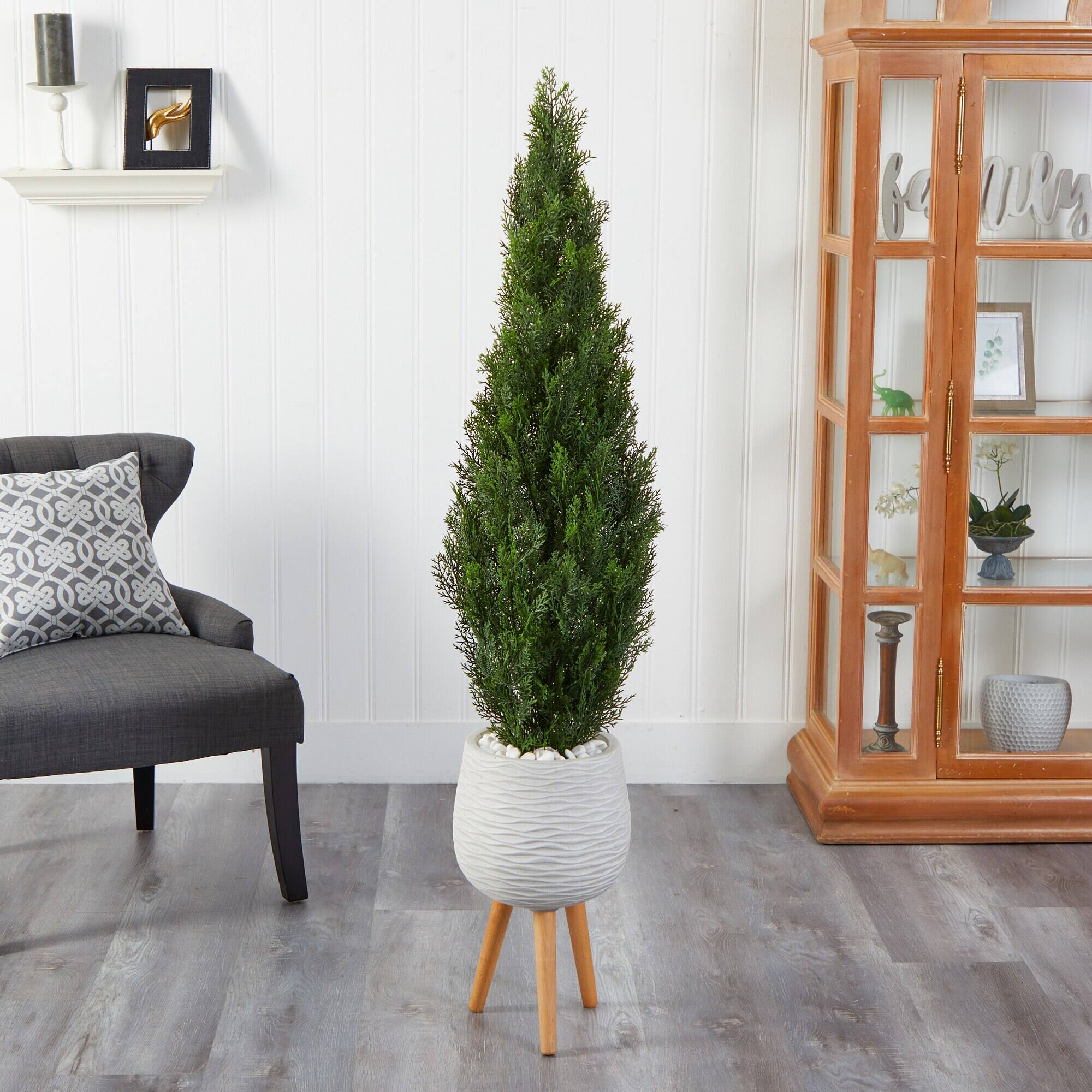Left. BreeBe - 5' Cedar Artificial Tree in White Planter with Stand - Green.