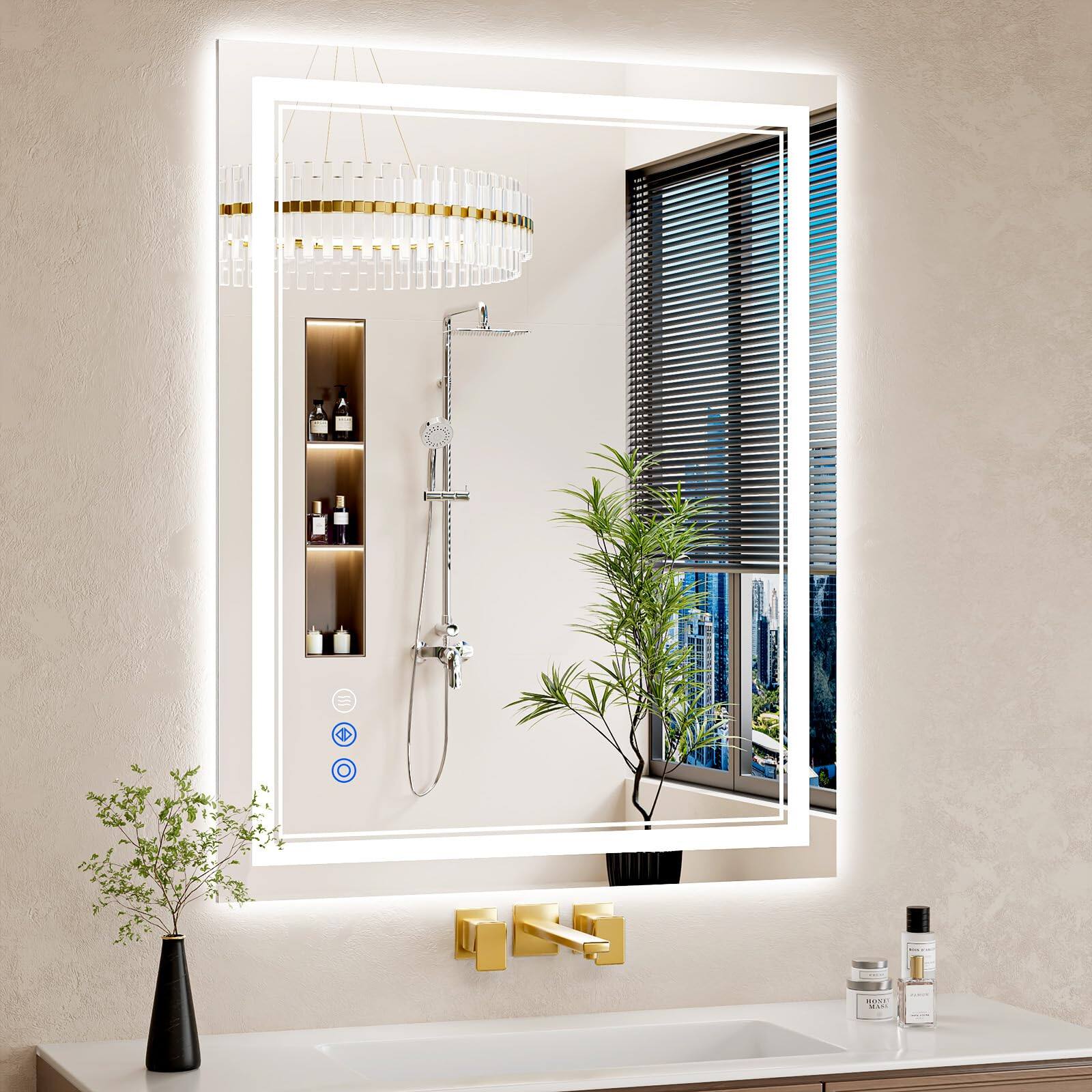 Earthley Blooms - 24x36 Led Bathroom Mirror With Lights Anti-fog Backlit Front Lit Dimmable Vanity For Wall 3 Colors Memory - White-30"L x 50"W