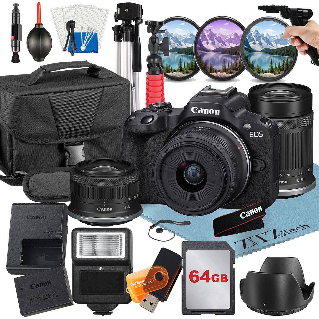 Canon EOS R50 Mirrorless Camera with 18 45mm + 55 210mm Lens + 64GB ...