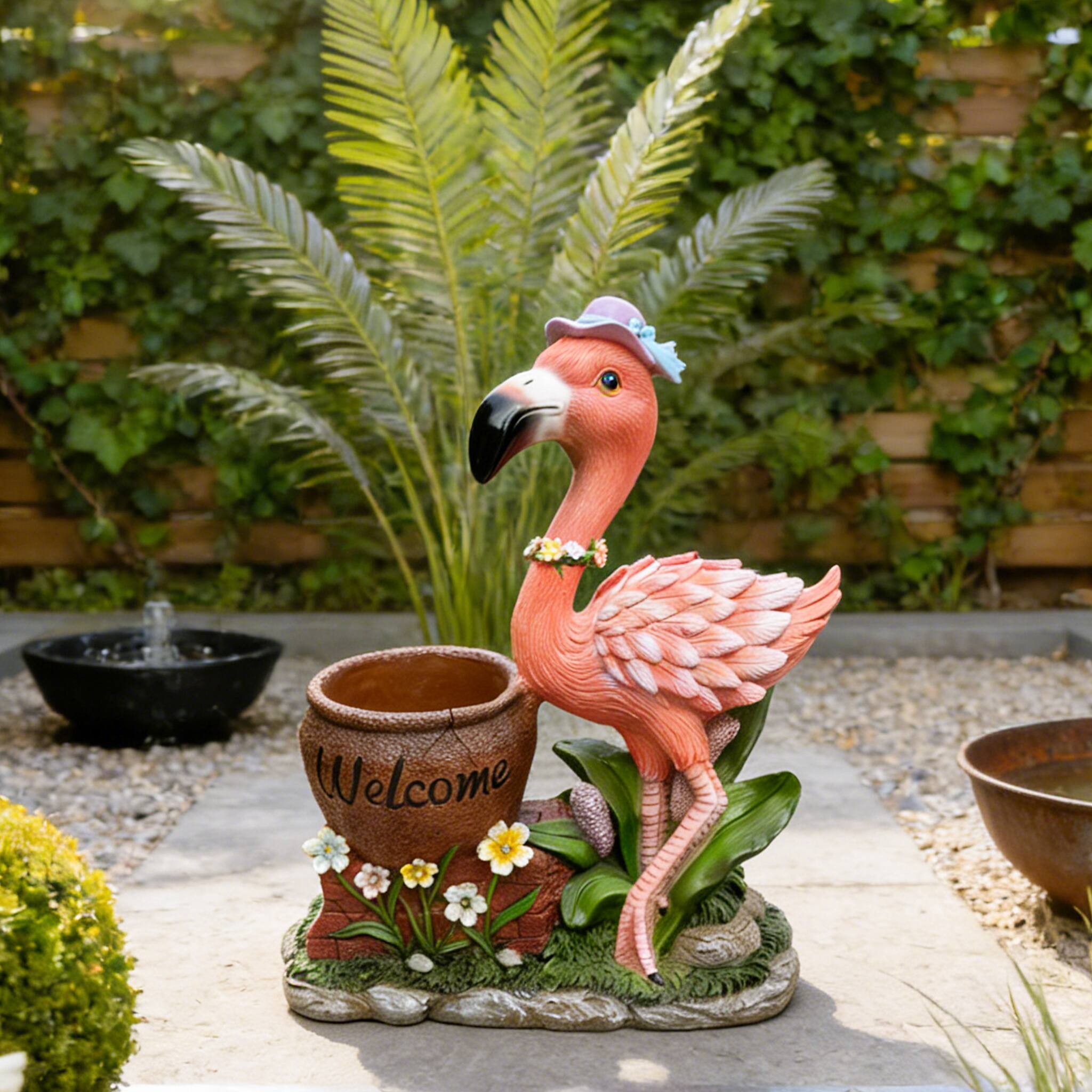 Angle. Anysun - Outdoor Garden Sculpture Flamingo Flower Pot Planter – Unique Yard Statue Decoration, Lawn Ornament, Right Facing - Pink.