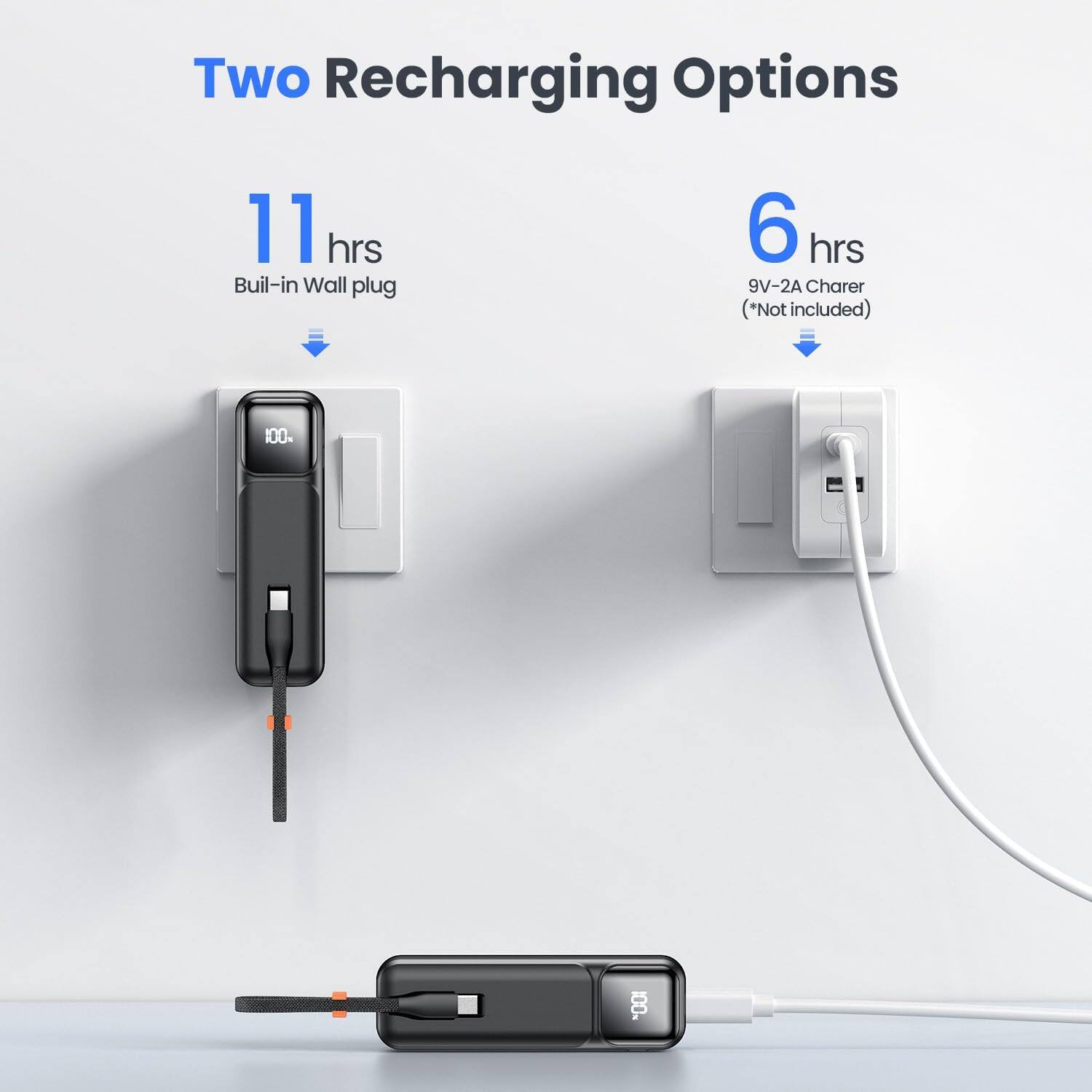 Two Recharging Options

11 hrs  
Buil-in Wall plug

6 hrs  
9V-2A Charger (*Not included)