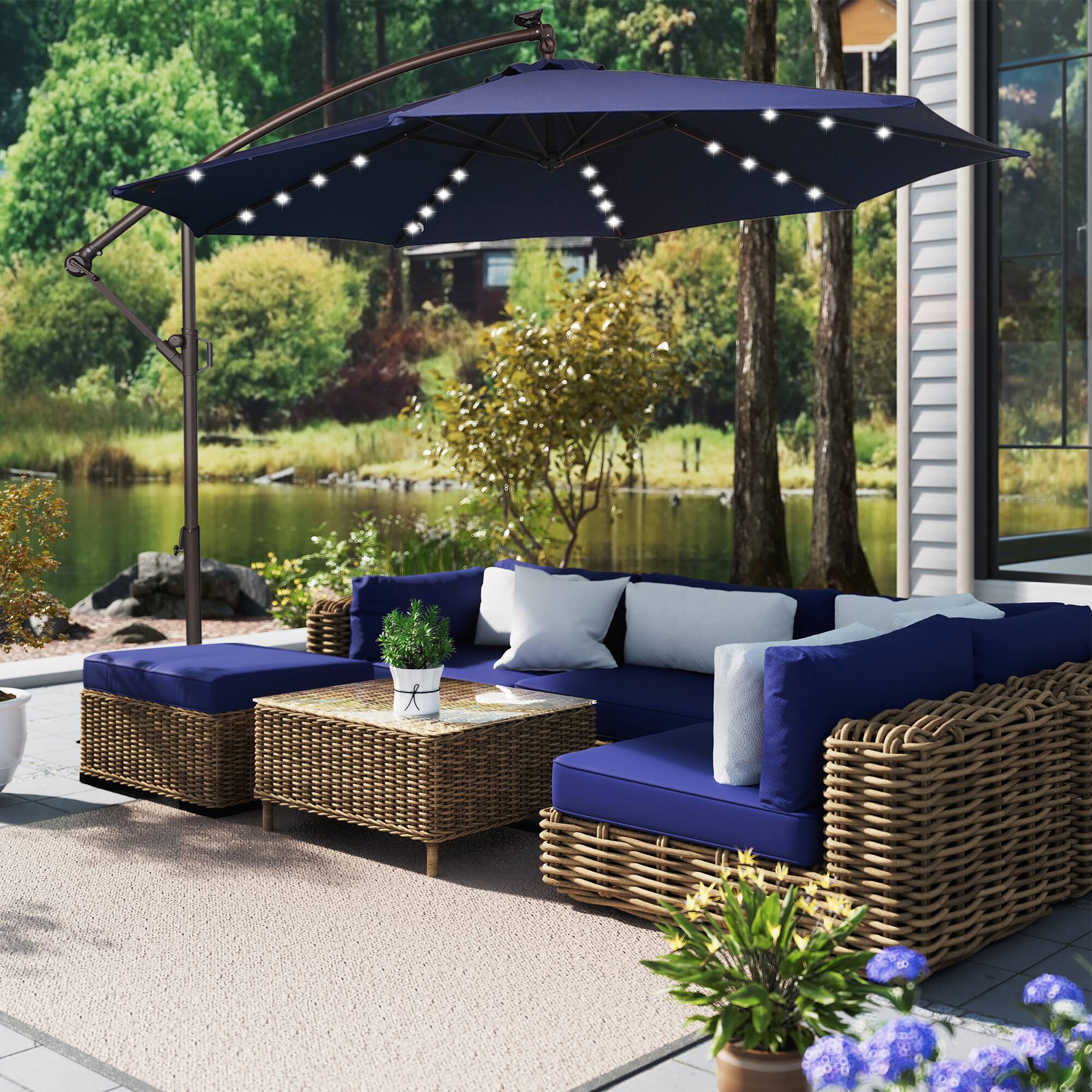 Alt View 6. Mondawe - 11ft Offset Patio Umbrella 360°Rotate,Easy Tilt,Solar Lights - Navy Blue.