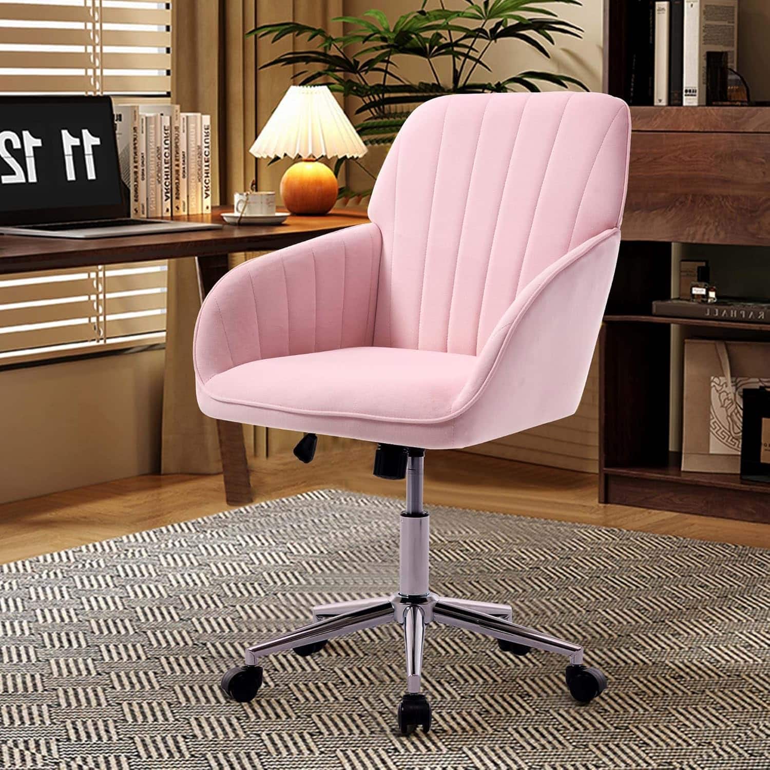 Trinkets Crazed - 24.6" Velvet Office Chair, Ergonomic Swivel Desk Chair with Memory Foam Seat - Adjustable Height Computer Chair - Pink