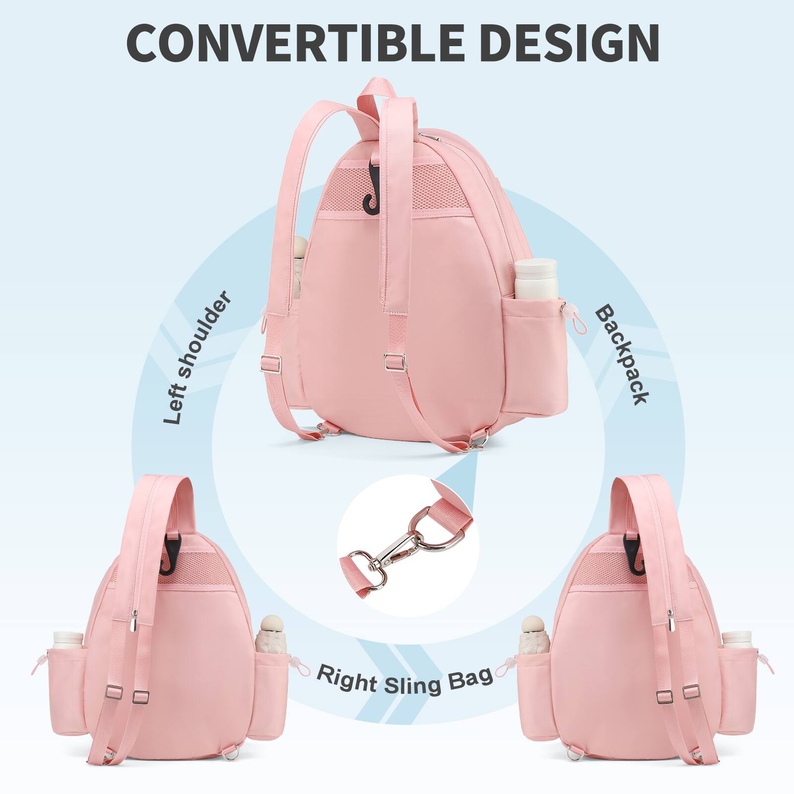 CONVERTIBLE DESIGN

- Left shoulder
- Backpack
- Right Sling Bag