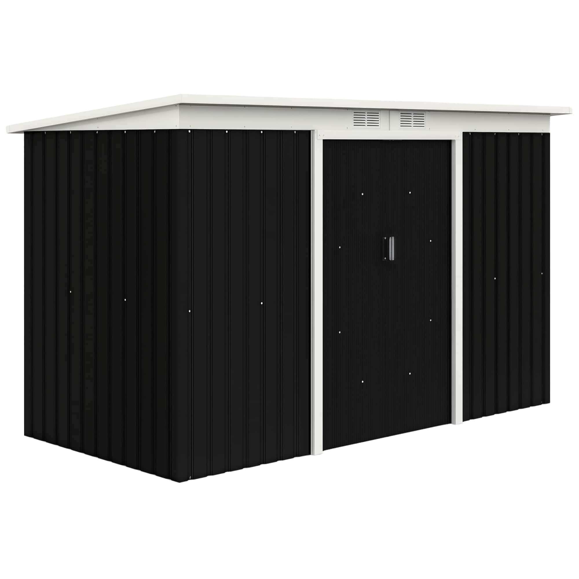 Front. Outsunny - 9' x 4' Outdoor Storage Shed, Metal Garden Tool House with Sloping Roof and Lockable Door for Backyard, Bike, Patio.