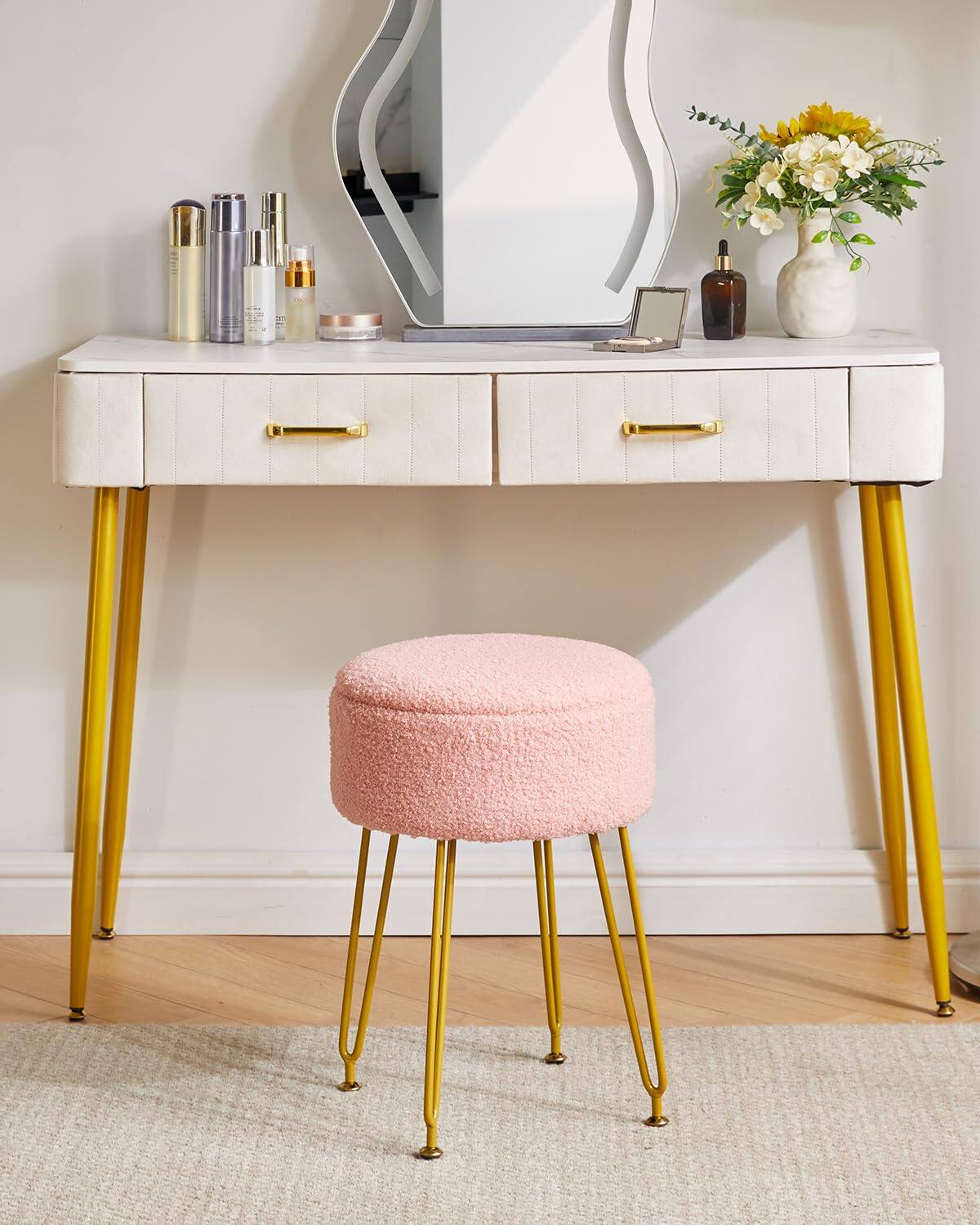 Left. JETRANSPORT - Teddy Storage Footrest Stool Ottoman Makeup Vanity Side Table Removable Cover Golden Steel Coffee Pink Wbd010p - White without storage.