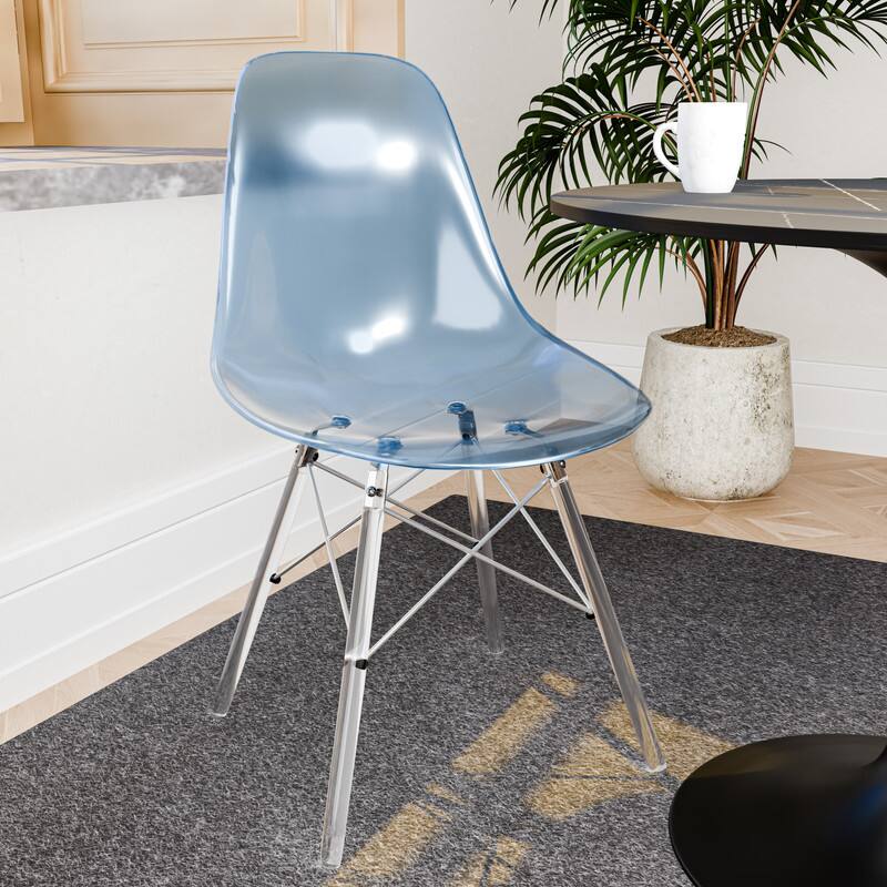 Left. LeisureMod - Dover Modern Acrylic Accent Side Chair with Eifel Design Legs for Dining Room, Kitchen and Home Office - Transparent Blue.