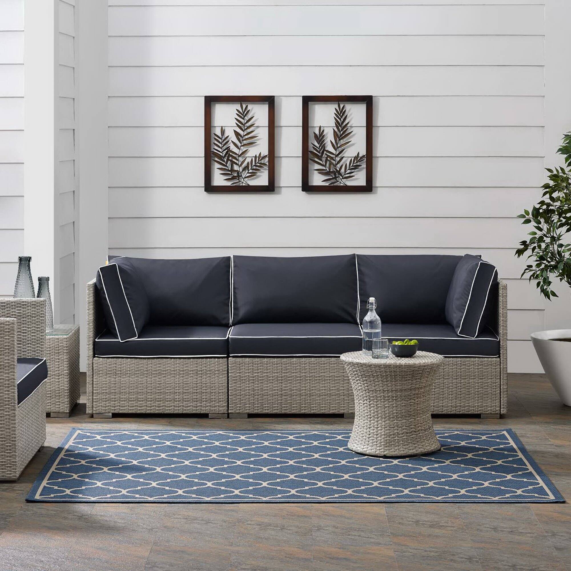 Left. Modway - Avena Moroccan Quatrefoil Trellis Indoor and Outdoor Area Rug - Blue and Beige.