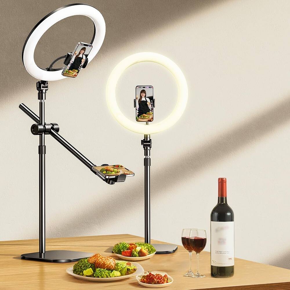 Front. PARKER SLATER - Overhead phone mount with 10.5" ring light, anti-shake desk stand for video recording, Zoom, YouTube, and TikTok..