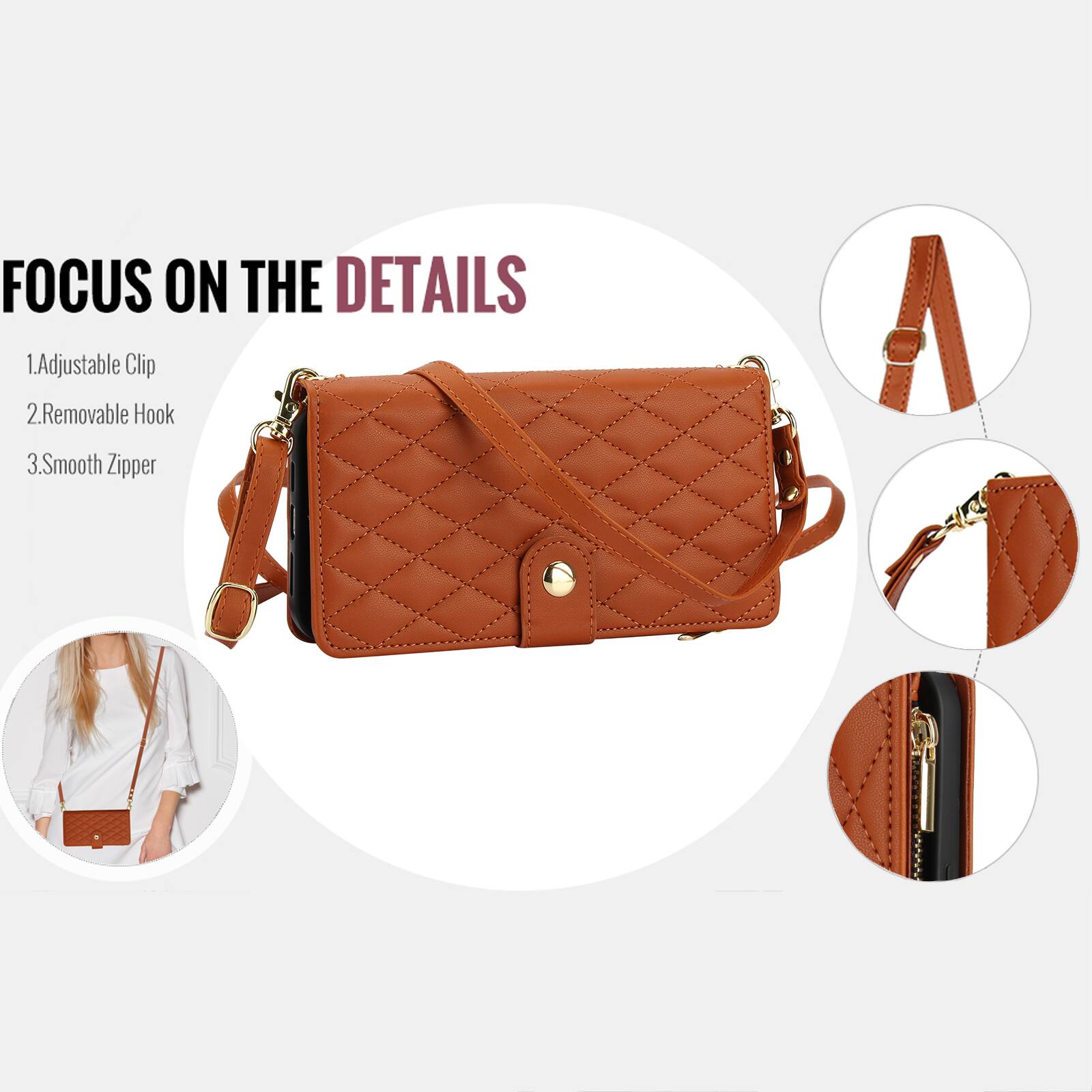 FOCUS ON THE DETAILS  
1. Adjustable Clip  
2. Removable Hook  
3. Smooth Zipper