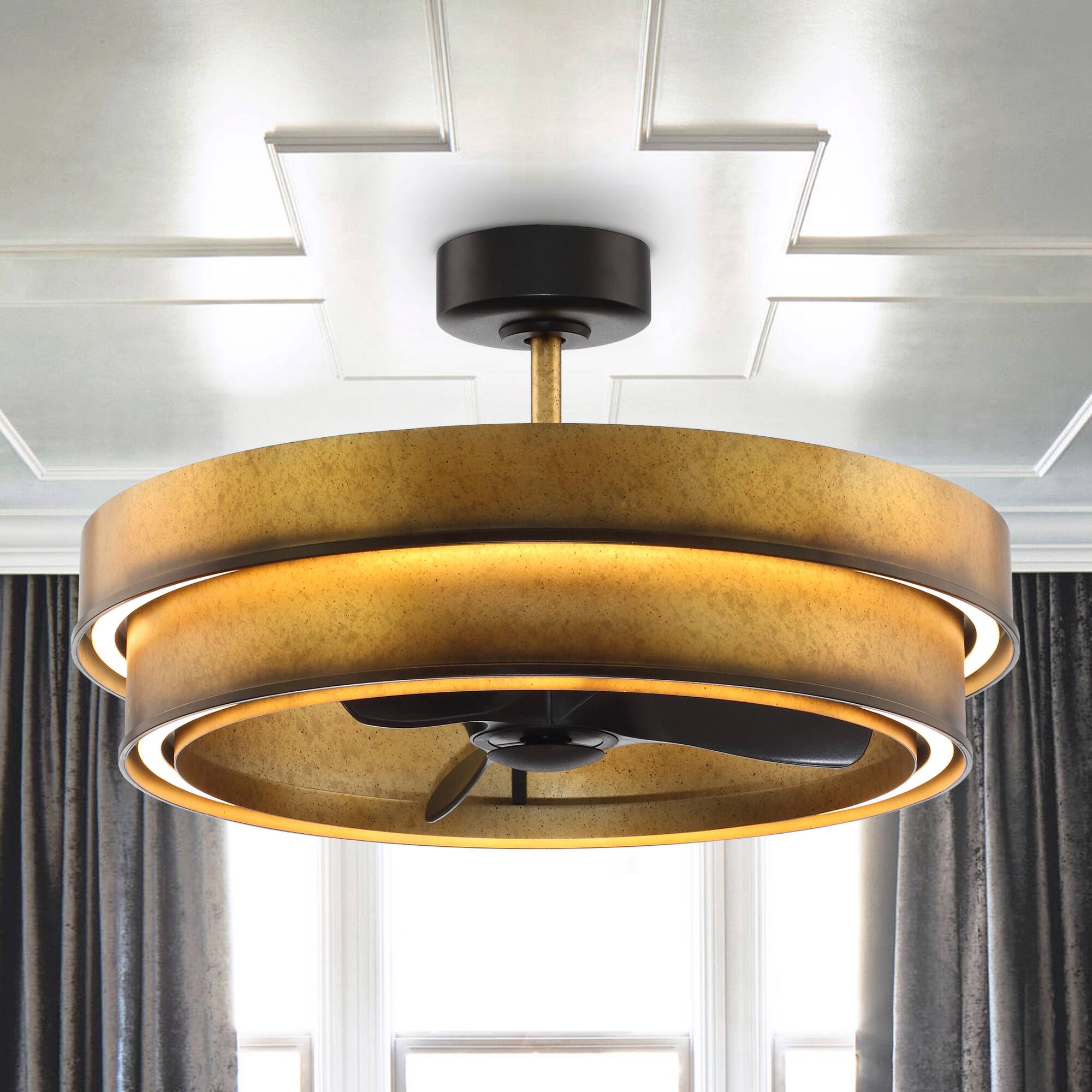 Front. Perimost - 32" Rusted Gold Metal Modern LED Fandelier with Light and Remote, Reversible DC Motor - Gold.