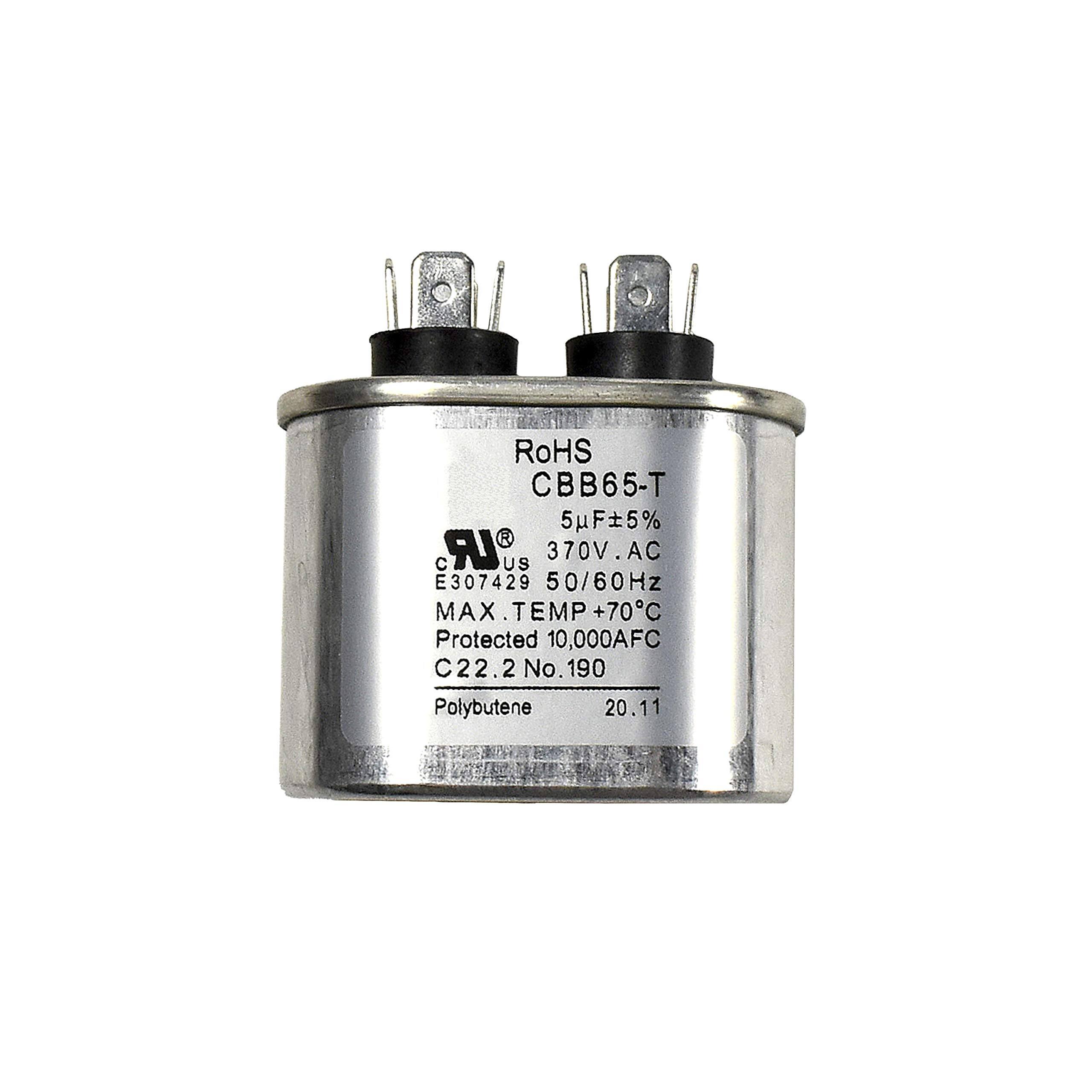 RoHS CBB65-T  
5µF±5%  
370V AC  
50/60Hz  
MAX. TEMP +70°C  
Protected 10,000AFC  
C22.2 No. 190  
Polybutene  
20.11  

E307429  
LR US