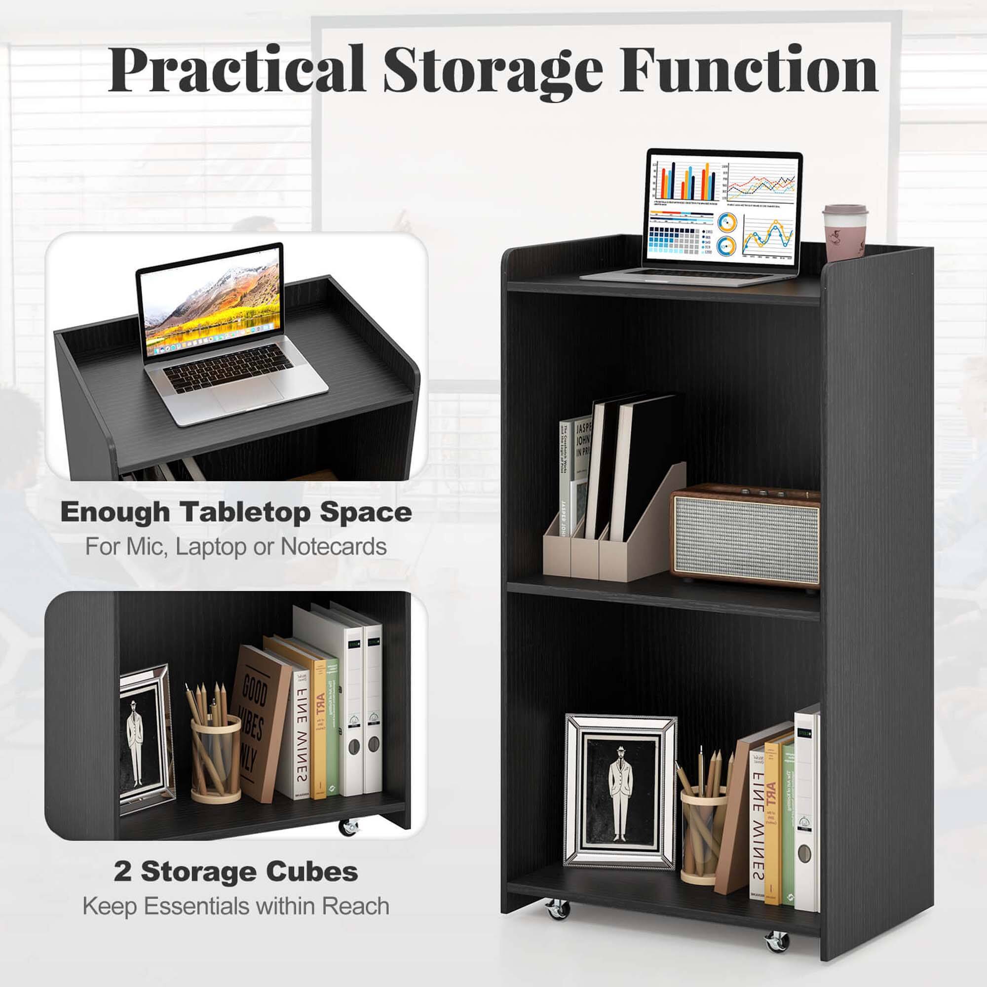 Practical Storage Function

Enough Tabletop Space  
For Mic, Laptop or Notecards

2 Storage Cubes  
Keep Essentials within Reach