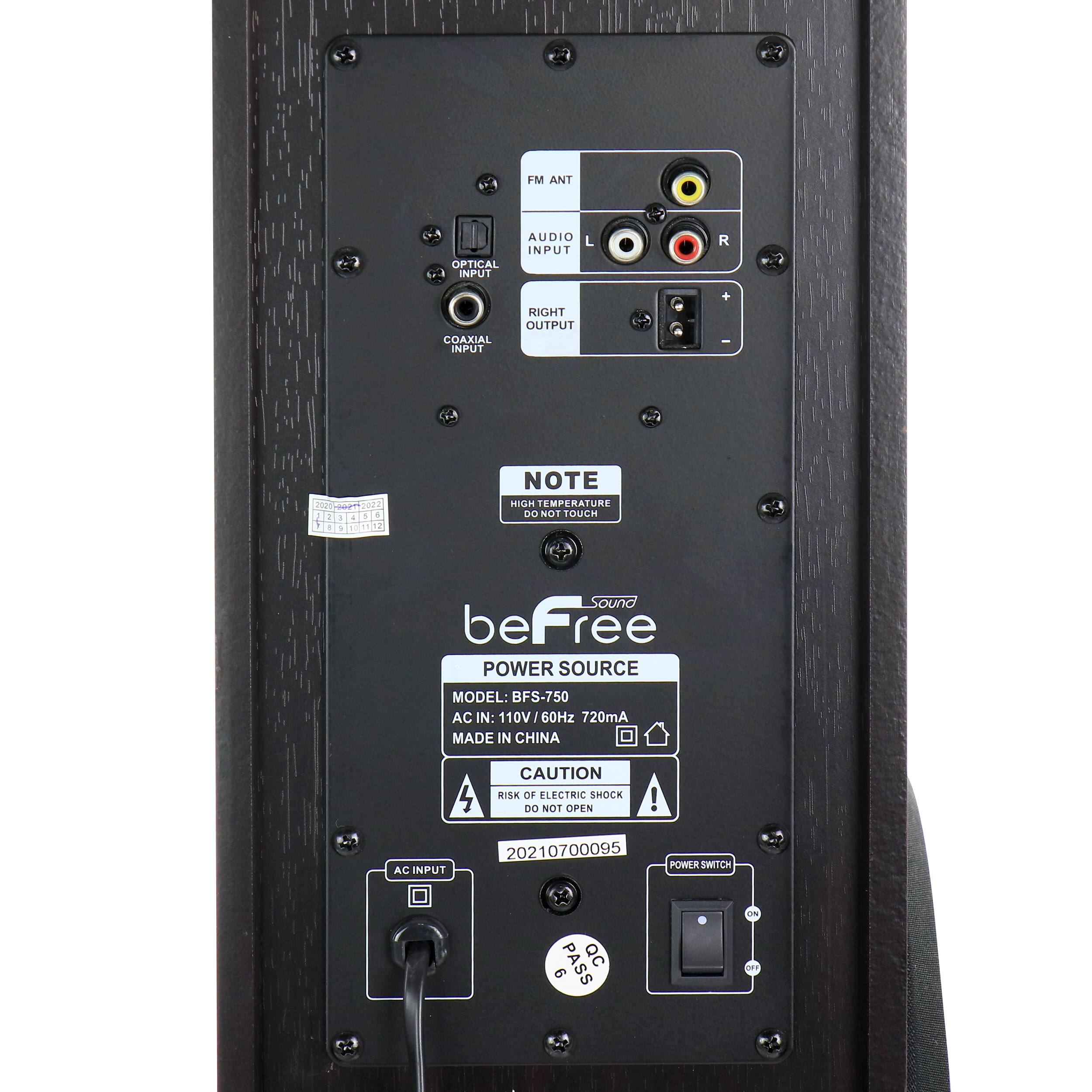 FM ANT AUDIO INPUT OPTICAL INPUT COAXIAL INPUT RIGHT OUTPUT L 200000 000000 NOTE HIGH TEMPERATURE DO NOTTOUCH Sound beFree POWER SOURCE MODEL: BFS-750 AC IN: 110V/60Hz 720mA MADE IN CHINA 4 CAUTION RK OF LECTRIC SHOCK DO NOT OPEN ! AC INPUT 20210700095 POWER SWITCH PASS Qc 6 ON 2