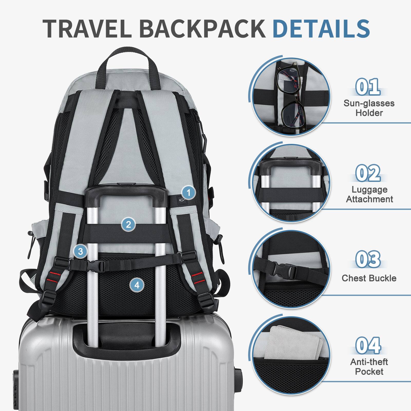 TRAVEL BACKPACK DETAILS

01 Sun-glasses Holder  
02 Luggage Attachment  
03 Chest Buckle  
04 Anti-theft Pocket
