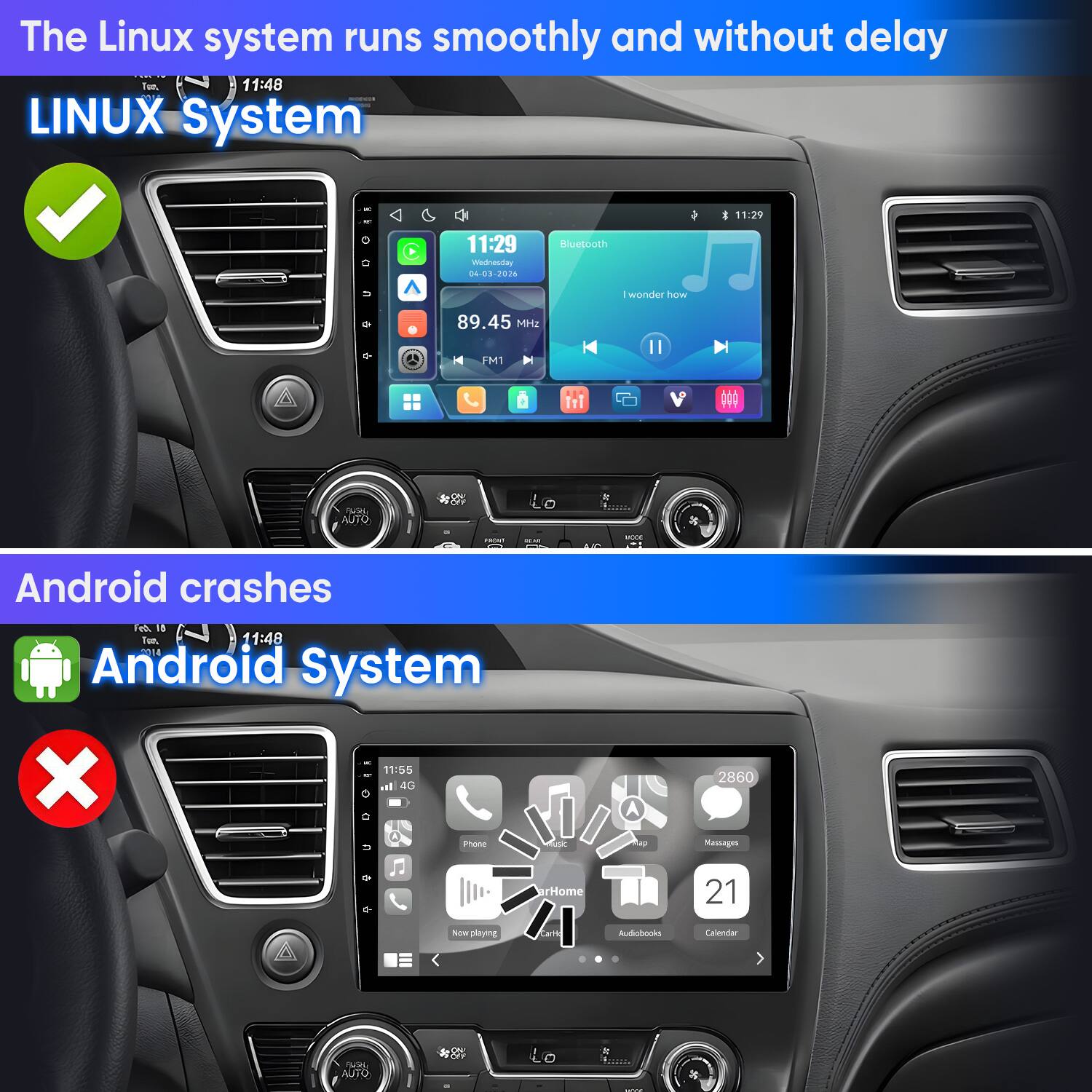 The Linux system runs smoothly and without delay

LINUX System

Android crashes

Android System