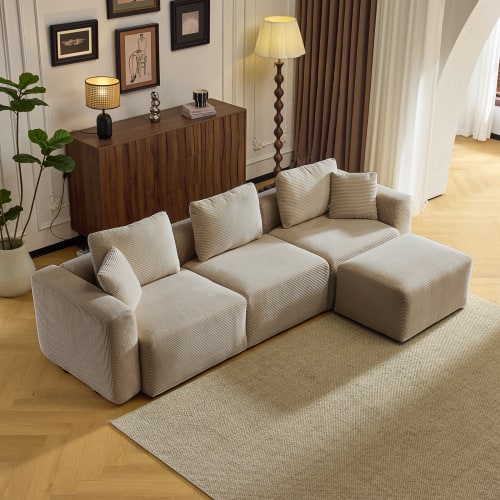 Front. Winado - 112" Sectional Couches Corduroy Upholstery L-Shape 3 Seat Sofa Set Lounge Removable Ottoman Chaise Couch for Living Room - khaki.