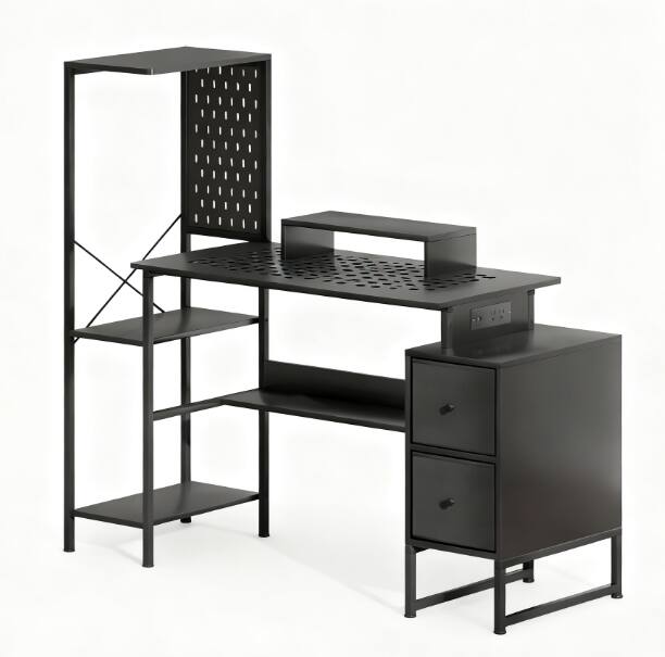 Angle. PexFix - Gaming Desk with Power Outlets & LED Lights, 55" Computer Desk with Storage for Home Office - Black.