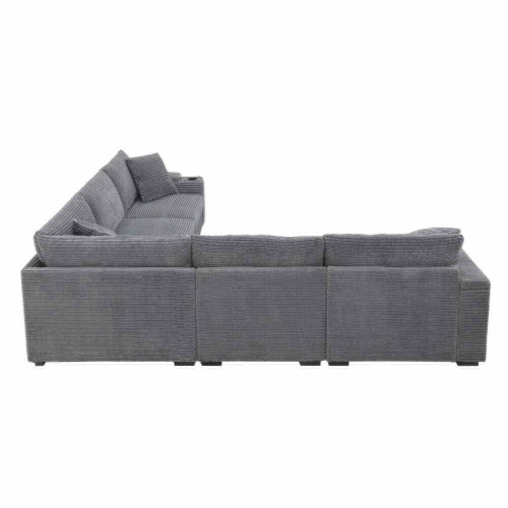Alt View 6. LUCKY ONE - 104" L-Shape Convertible Corduroy Sectional Sofa w/ Armrest Storage USB Cup Holders - Gray.
