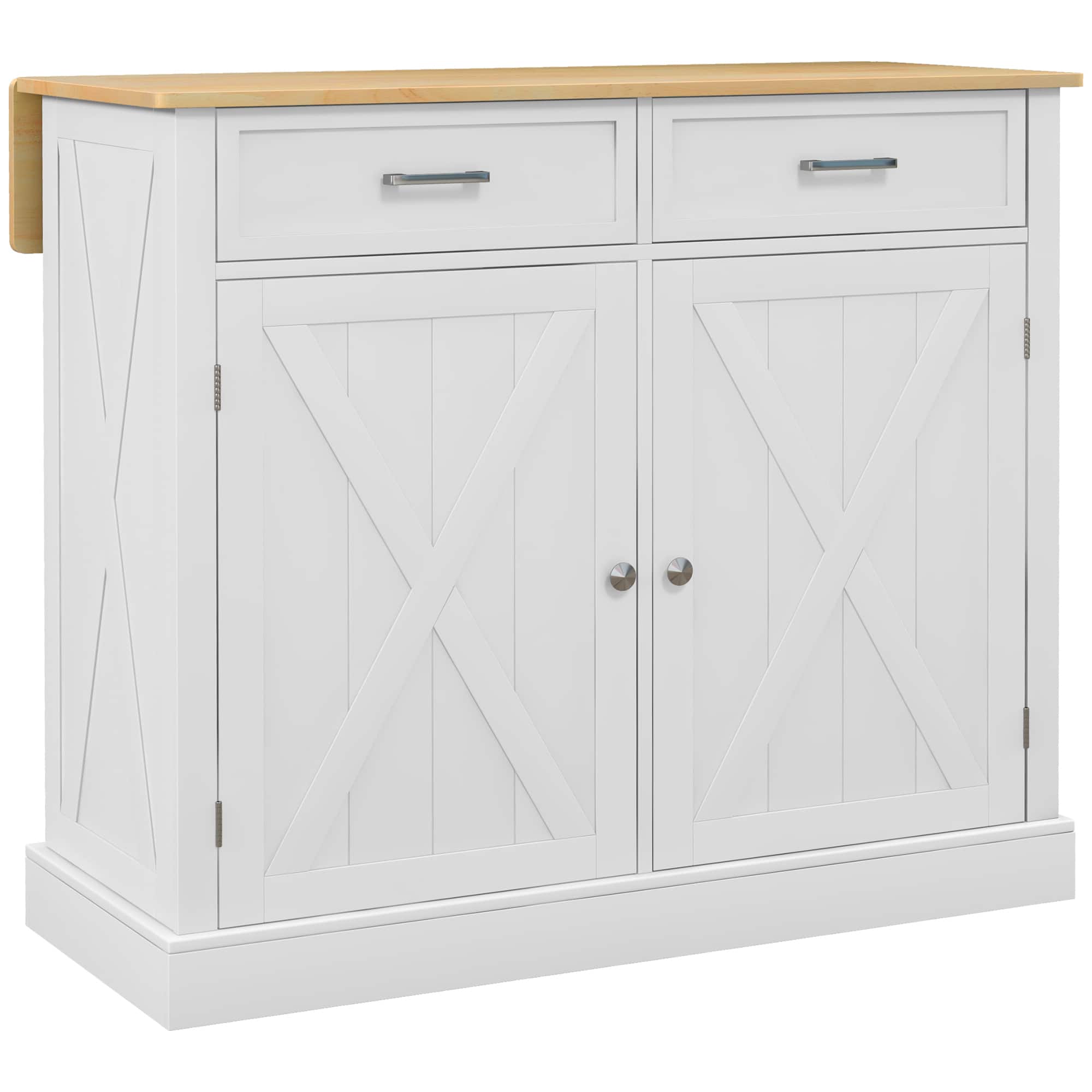 Front. Homcom - Rolling Kitchen Island with Drop Leaf Wood Breakfast Bar, Farmhouse Kitchen Cart with 2 Drawers, Adjustable Shelves - White.
