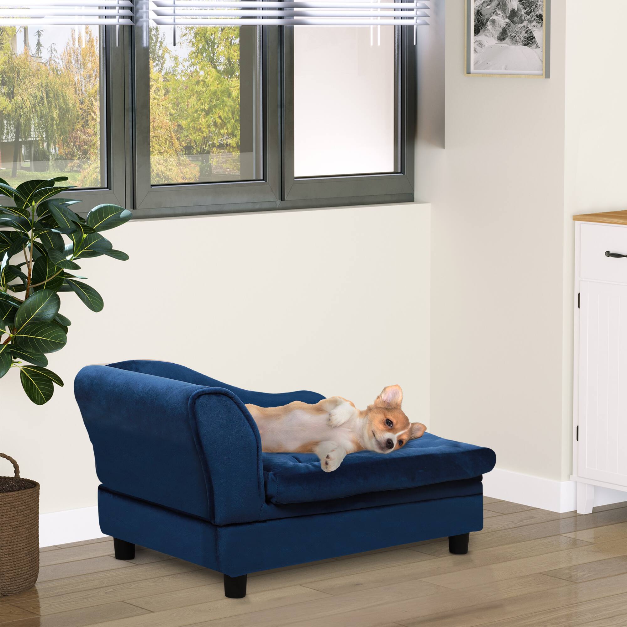 Left. Siljoy - Blue Luxury Dog Sofa with Hidden Storage, 3‑Inch Foam Bed for Small Dogs, Modern Pet Furniture - Blue.
