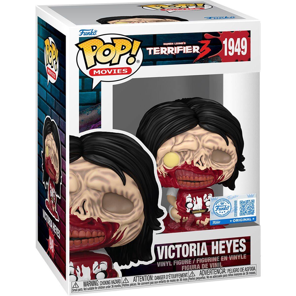 Funko POP! Movies  
Damien Leone's Terrifier 3  
1949  

Victoria Heyes  
Vinyl Figure / Figurine en Vinyle / Figura de Vinil  

Warning: Choking Hazard - Small parts. Not suitable for children under 36 months.  
Attention: Danger d'étouffement - Petites pièces. Ne convient pas aux enfants de moins de 36 mois.  
Advertencia: Peligro de asfixia - Piezas pequeñas. No es adecuado para niños menores de 36 meses.