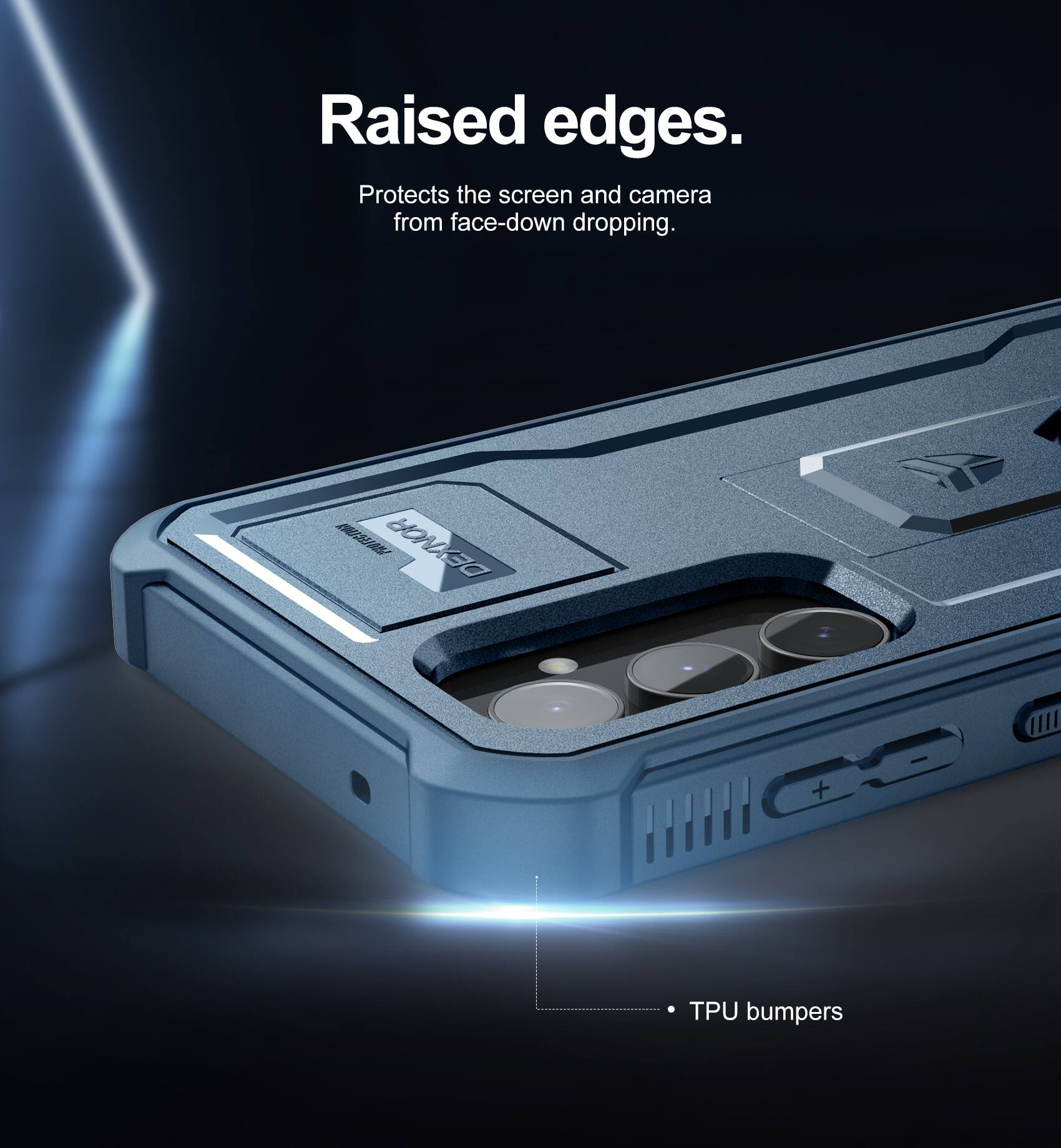 Raised edges.  
Protects the screen and camera from face-down dropping.  

N DEXNOR III + TPU bumpers