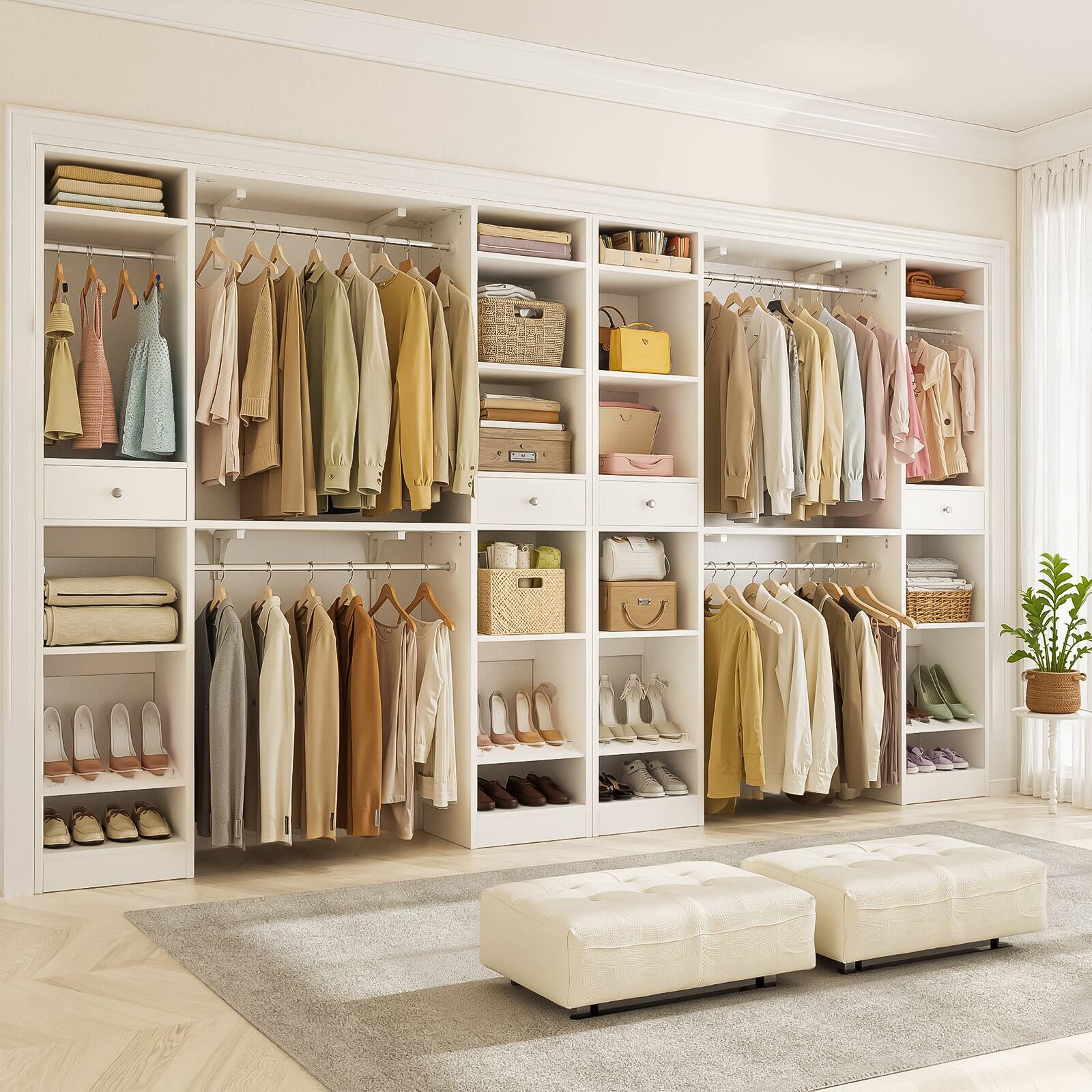 Back. Aheaplus - 58-90 Inch Heavy-Duty Wood Walk-in Closet Organizer - 3 Hanging Rods, 2 Drawers & Shoe Rack - Sturdy Reversible - White.