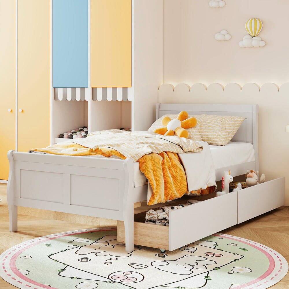 Alt View 4. Kadyn - Twin Size Sleigh Bed Frame with Two Built-In Storage Drawers, Classic Curved Design with Practical Wood Platform Support - White.