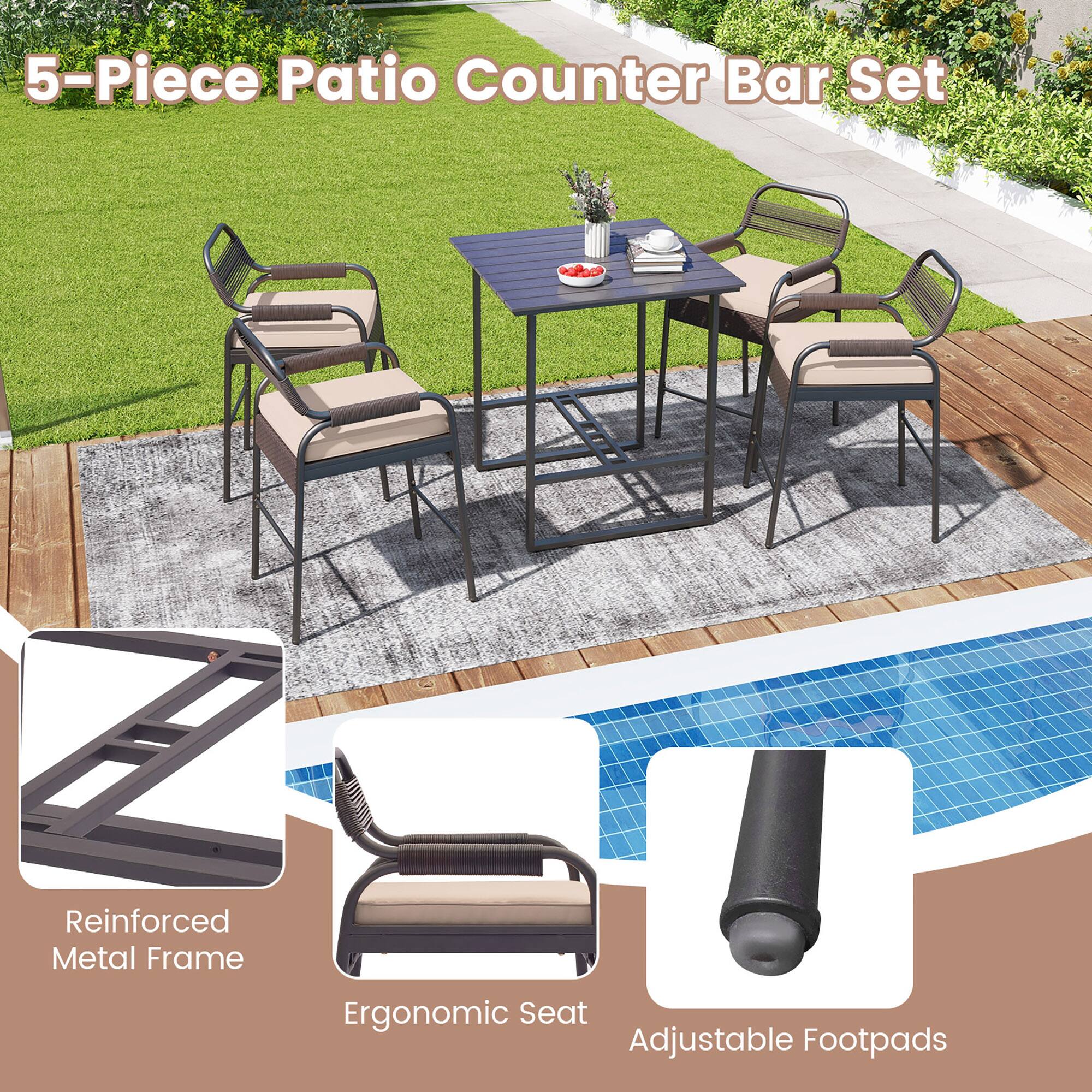 5-Piece Patio Counter Bar Set
Reinforced Metal Frame
Ergonomic Seat
Adjustable Footpads