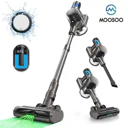 MOOSOO - Cordless Vacuum With LED Display, 30Kpa Stick Vacuum Cleaner Cordless With Anti-Tangle Brush For Home,Pet Hair, Carpet - Gray