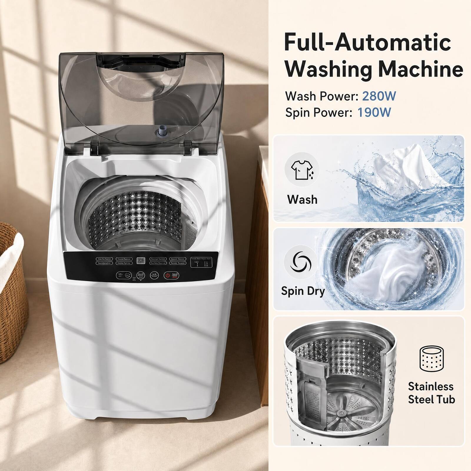 Full-Automatic Washing Machine  
Wash Power: 280W  
Spin Power: 190W  

- Wash  
- Spin Dry  
- Stainless Steel Tub