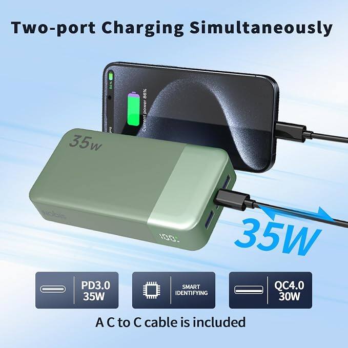 Two-port Charging Simultaneously

56% 35w
86% power Current

PD3.0 35W
100. 35W SMART QC4.0 IDENTIFYING 30W

A C to C cable is included