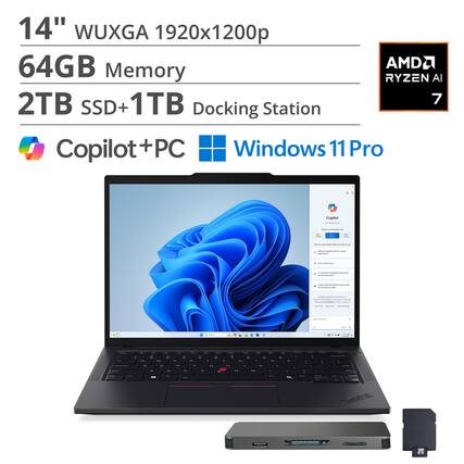 14" WUXGA 1920x1200p
64GB Memory
2TB SSD + 1TB Docking Station
AMD Ryzen AI 7
Copilot + PC
Windows 11 Pro