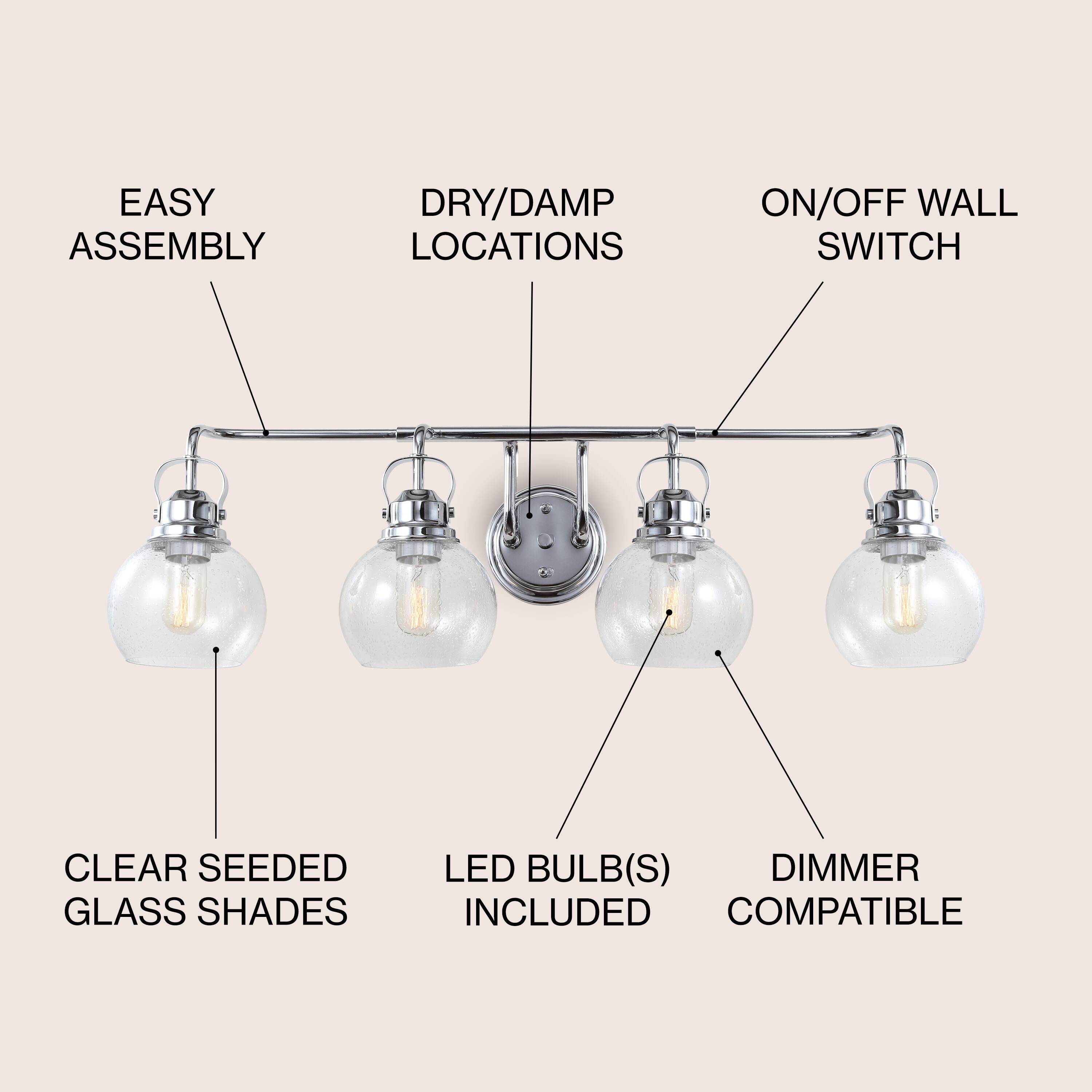 EASY ASSEMBLY  
DRY/DAMP LOCATIONS  
ON/OFF WALL SWITCH  
CLEAR SEEDED GLASS SHADES  
LED BULB(S) INCLUDED  
DIMMER COMPATIBLE