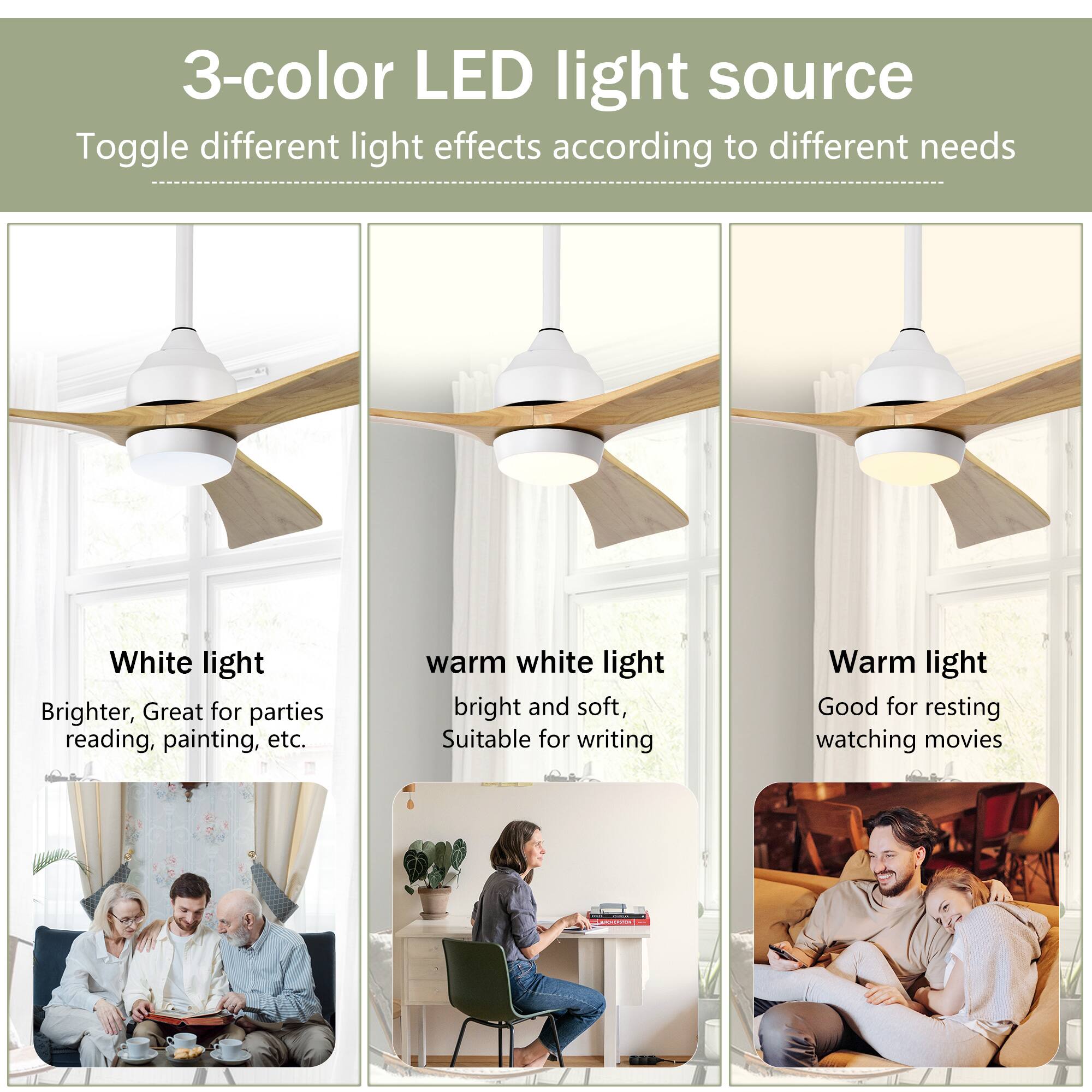 3-color LED light source  
Toggle different light effects according to different needs  

White light  
Brighter, Great for parties, reading, painting, etc.  

Warm white light  
Bright and soft, Suitable for writing  

Warm light  
Good for resting, watching movies