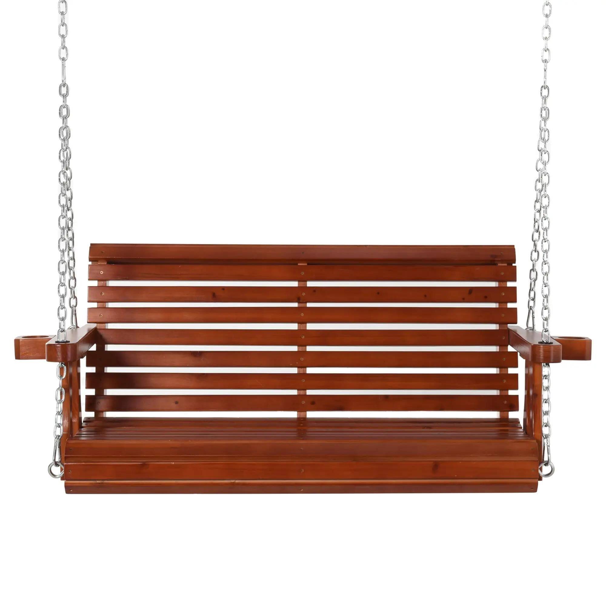 Angle. Resenkos - Resenkos 2-Person Swing Chair With Chains & Cupholders, White, Perfect for Garden, Poolside, & Backyard, Brown.