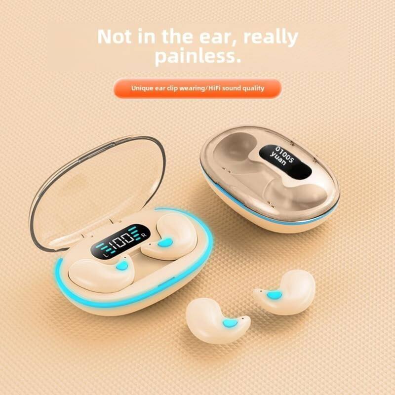 Not in the ear, really painless.  
Unique ear clip wearing/HiFi sound quality  
01005 R 100