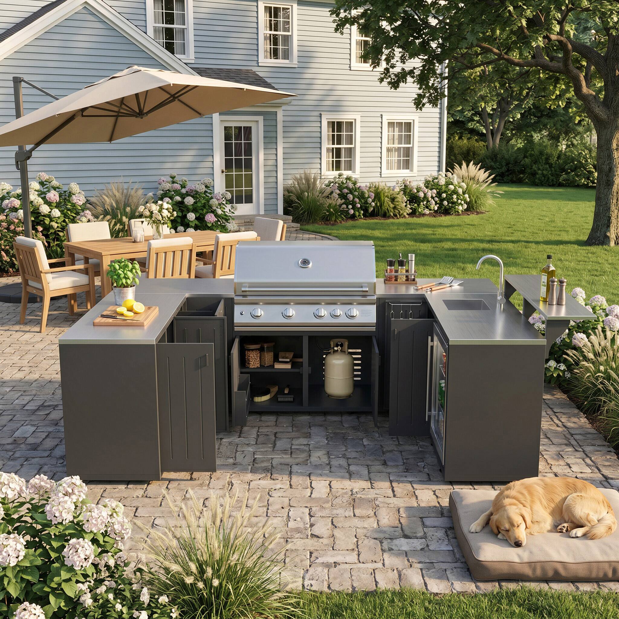 Alt View 1. Famapy - Modular L-Shaped Outdoor Kitchen Set with 304 SS Countertop, Grill Base & Sink Bar for Backyard Patio BBQ Storage.