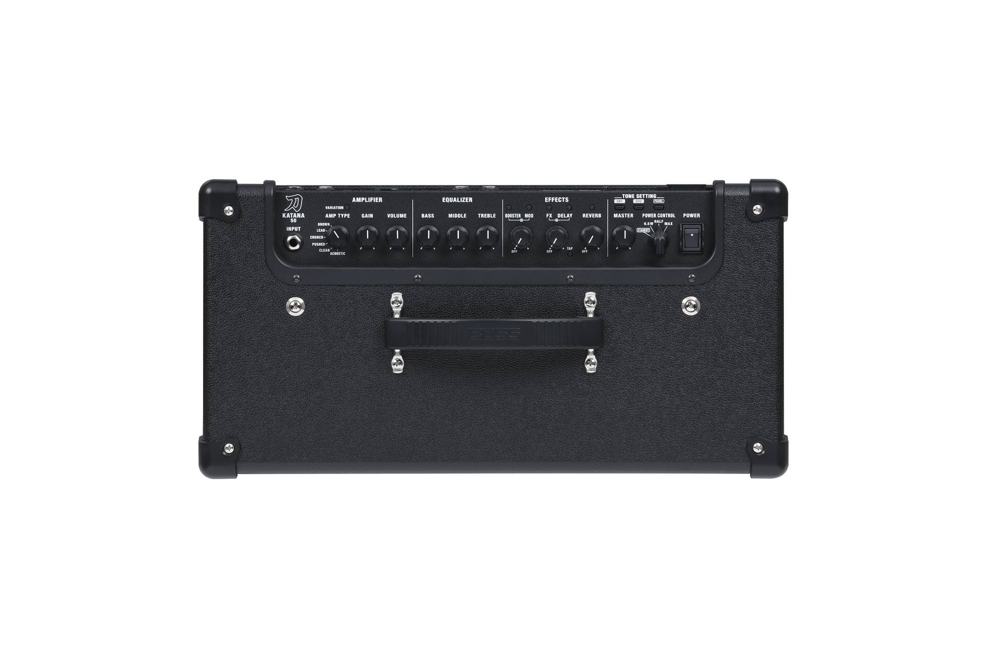 AMPLIFIER  
- KATANA AMP TYPE LA1  
- VOLUME  
- GAIN  

EQUALIZER  
- BASS  
- MIDDLE  
- TREBLE  

BOOSTER MOD  
- BOOST  
- MOD  

EFFECTS  
- FX DELAY  
- REVERB  

TONE SETTINGS  
- TONE NETTING  

MASTER  
- MASTER VOLUME CONTROL  
- POWER  

INPUT  
- INPUT  
- LEAD  
- CLEAN  
- PEDAL IN  

POWER  
- POWER SWITCH  

TUNER  
- TUNER OUTPUT