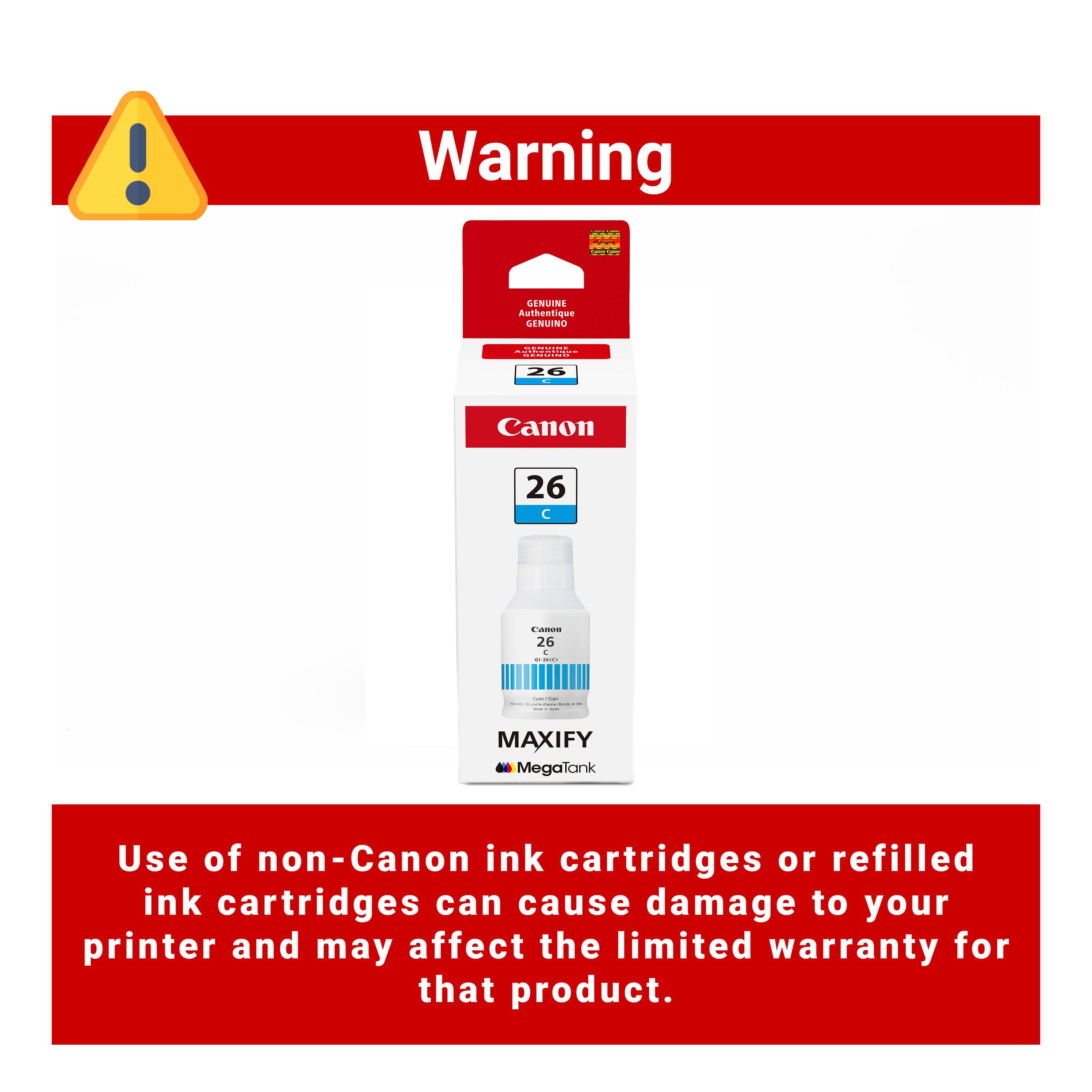 Warning

Use of non-Canon ink cartridges or refilled ink cartridges can cause damage to your printer and may affect the limited warranty for that product.