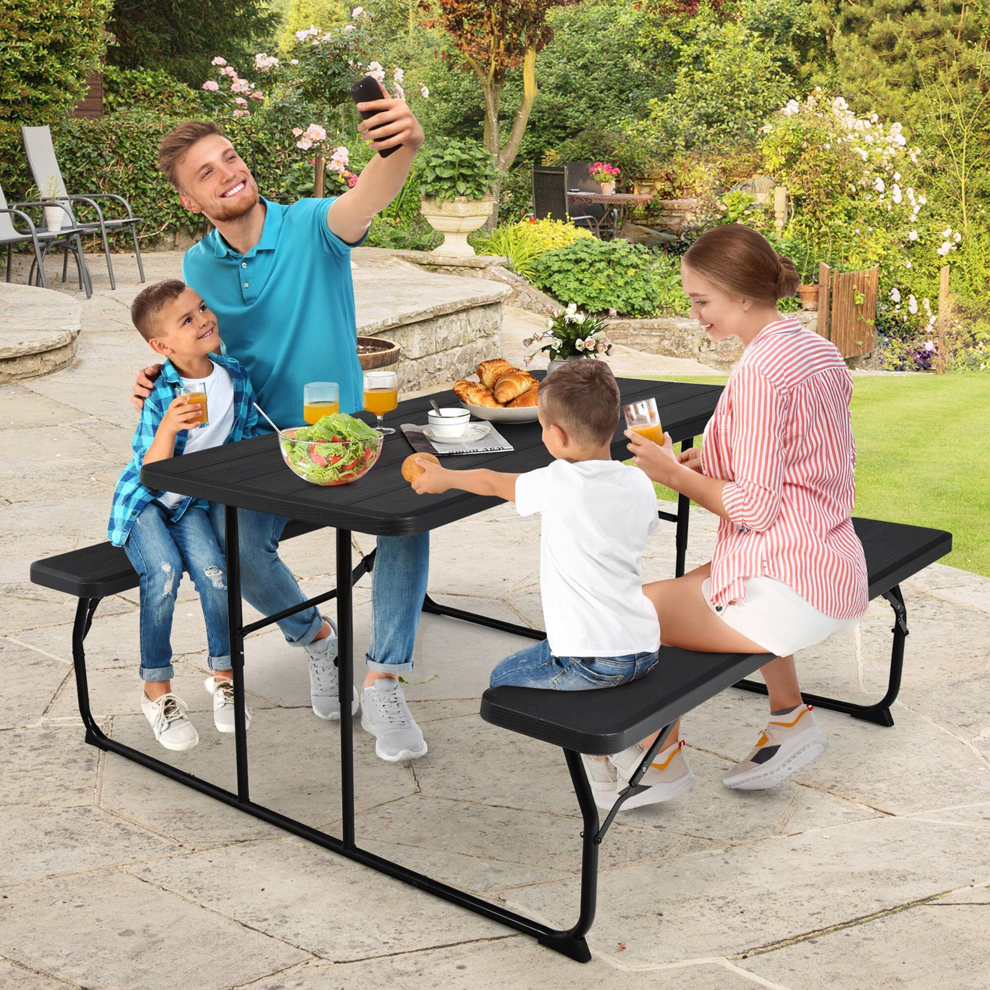 Alt View 3. Gymax - Gymax Folding Picnic Table & Bench Set for Camping BBQ w/ Steel Frame Black - Black.