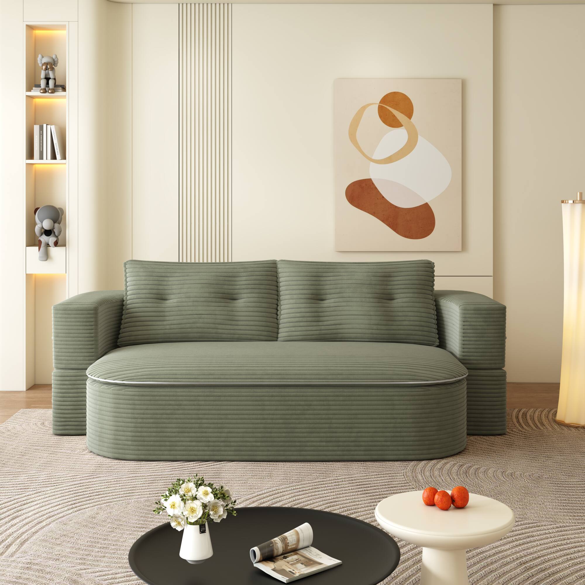 Angle. GOODSILO - Modern Plush Corduroy 2-in-1 Foldable Sleeper Sofa with Convertible Frame, Functional Blanket, and Soft Pillows - Green.