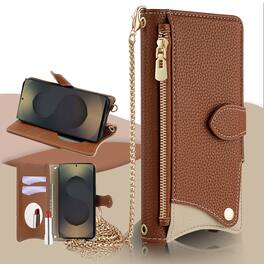 Dteck - Crossbody Wallet Case for Google Pixel 10a, Elegant Zipper PU Leather Folio Stand Protective Cover, Built-in Mini Mirror - Brown